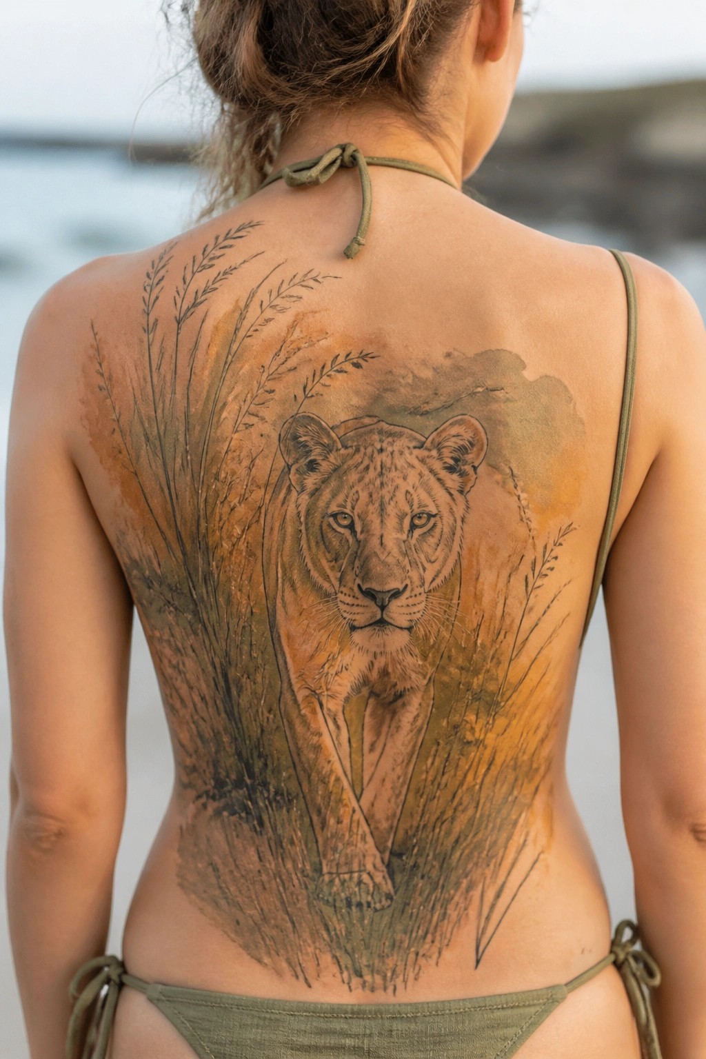 Large lioness tattoo on a woman's back walking through grass with earthy watercolor accents.