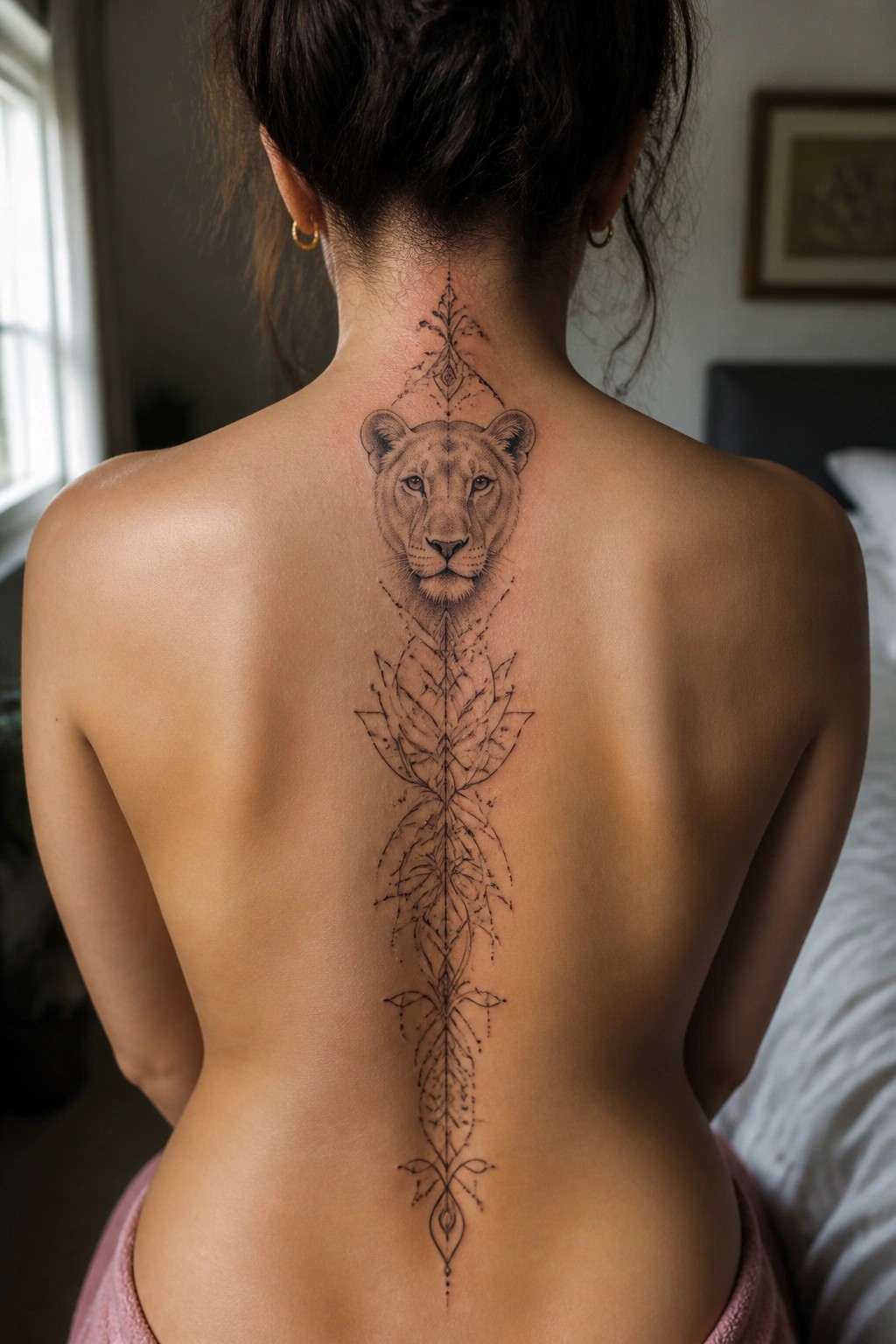 Woman's back showing a lioness face tattoo near the neck with a long symmetrical leaf pattern running down the spine.
