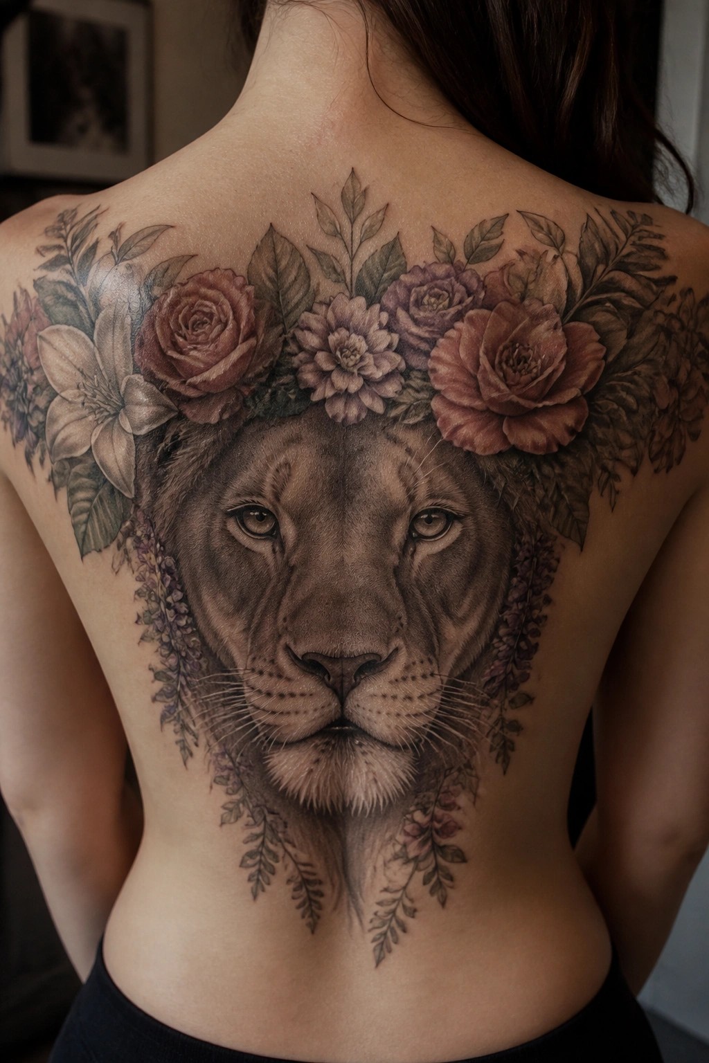 Detailed lion tattoo with floral crown and leaves covering woman's back