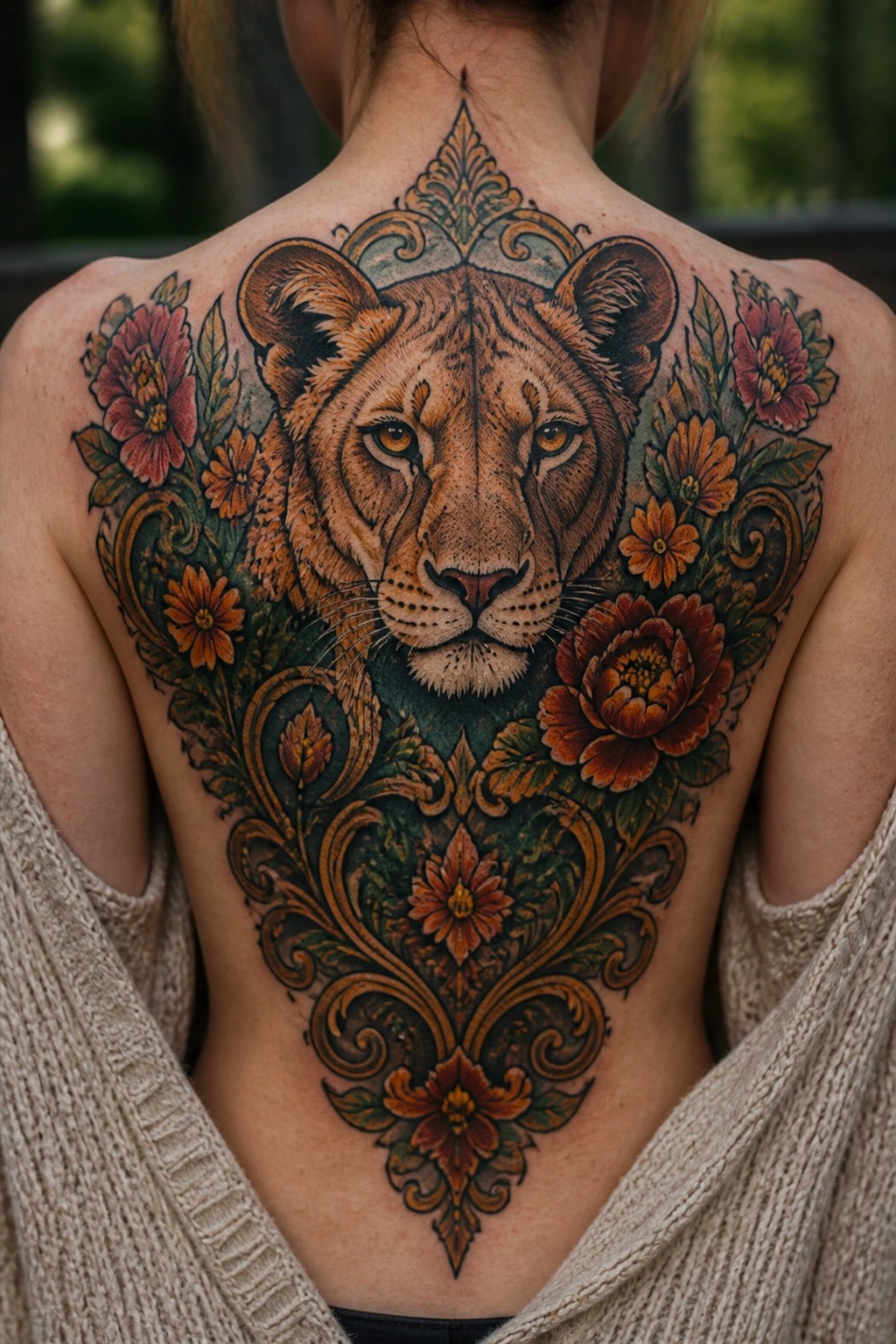 Lion face tattoo with flowers on back, beige knit sweater pulled down shoulders