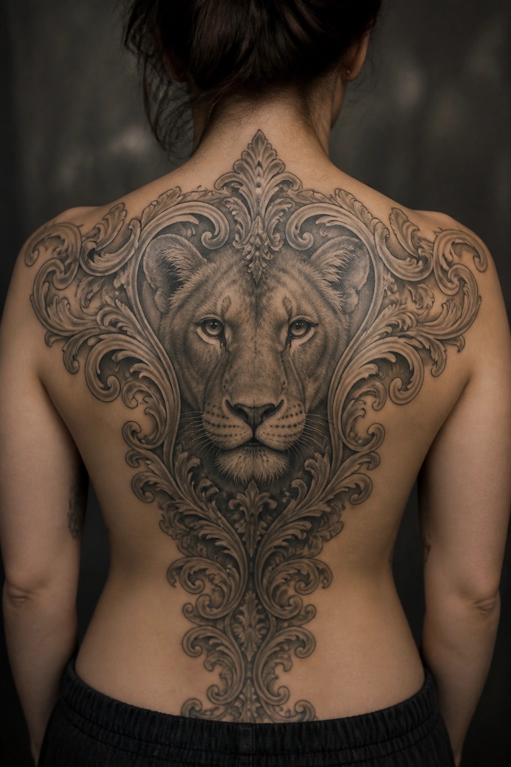 Woman's upper back showing a large centered lioness face surrounded by intricate black and gray baroque swirls that extend to the shoulders and down the spine.