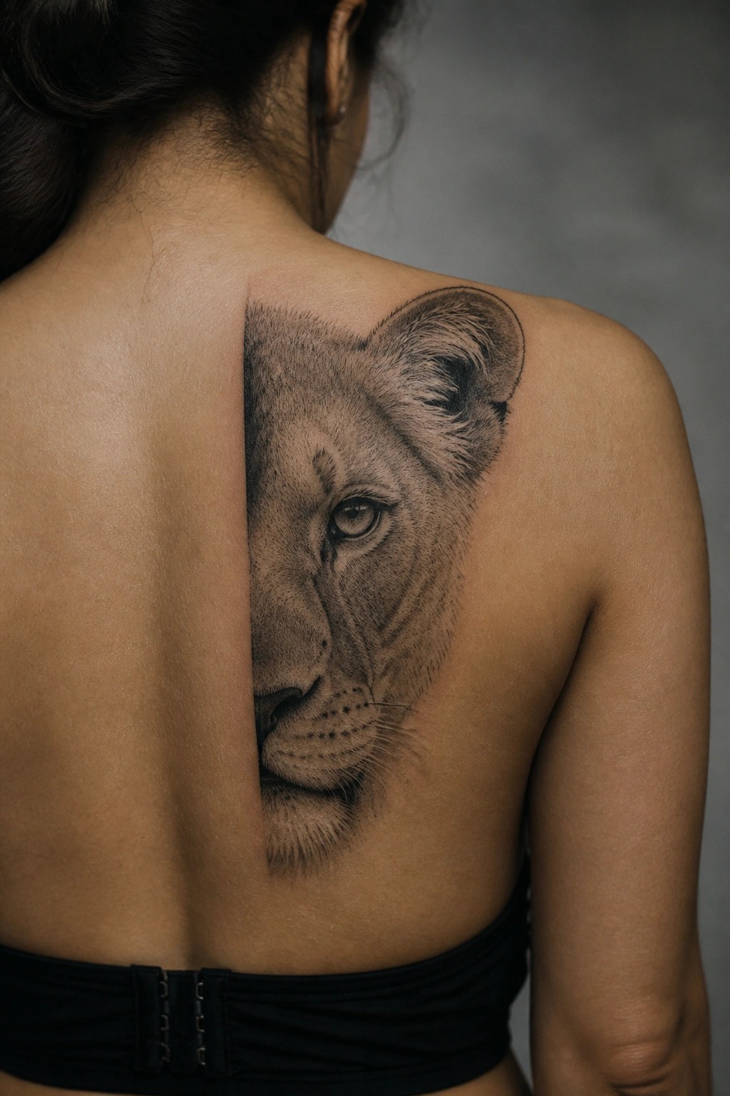 Realistic lion tattoo on woman's upper back above black strapless top