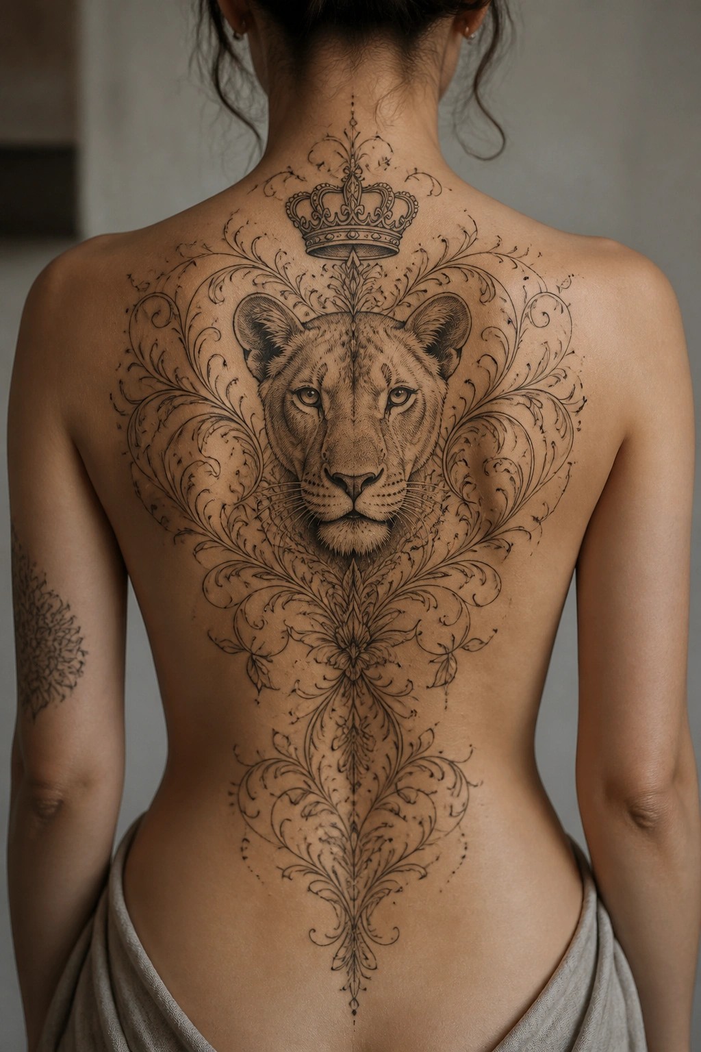 Large black and grey back tattoo of a lioness with a crown above it, surrounded by symmetrical floral patterns that extend down the spine.