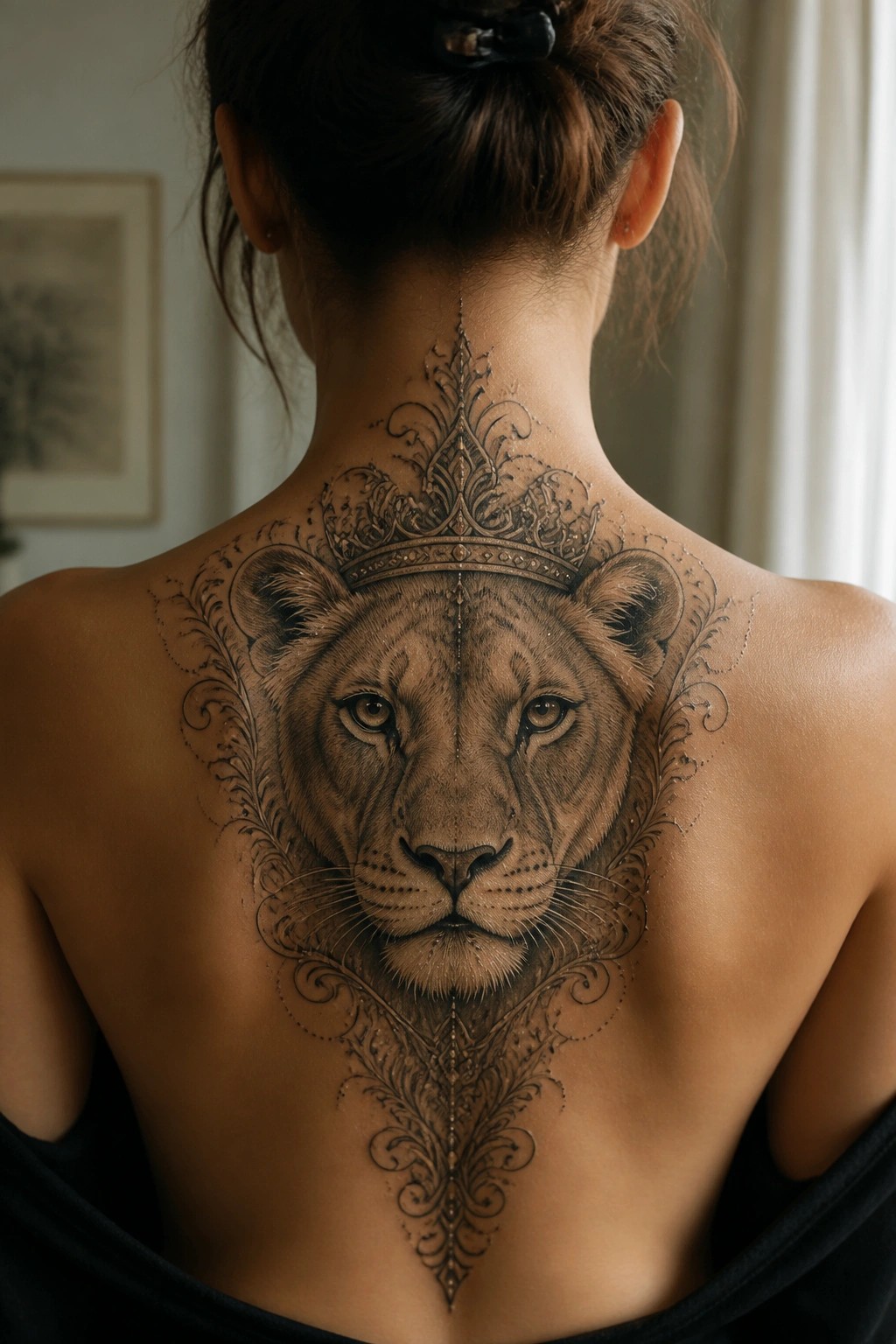 Woman's bare back with large crowned lioness tattoo and ornate designs.