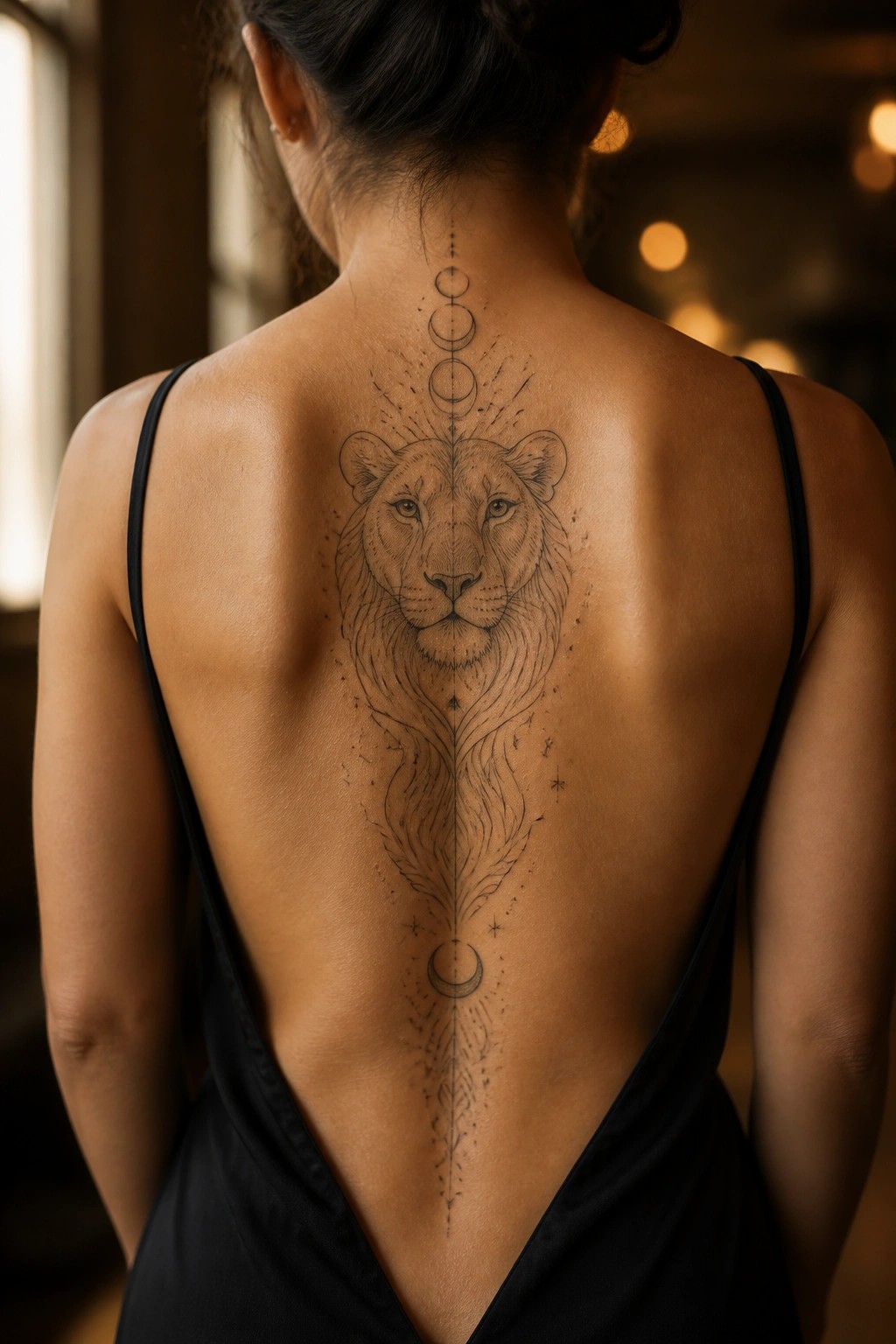 Fine line lioness tattoo with moon phases centered on a woman's back in black ink
