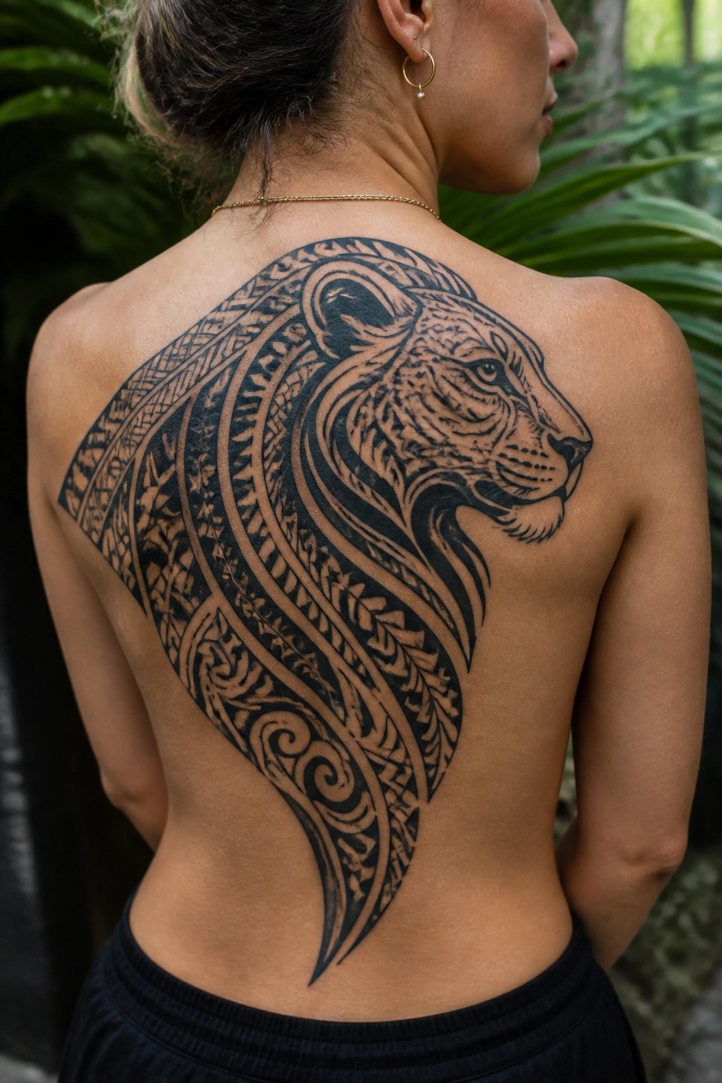 Woman's bare back with large tribal lion tattoo amid green foliage.