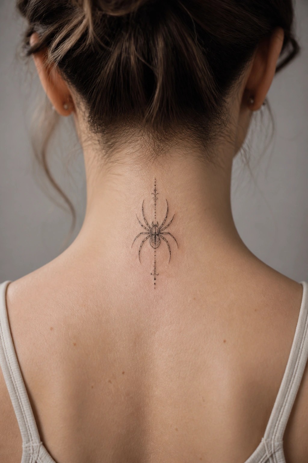 Fine line spider tattoo centered on the back of a woman's neck with dotted vertical accents above and below.