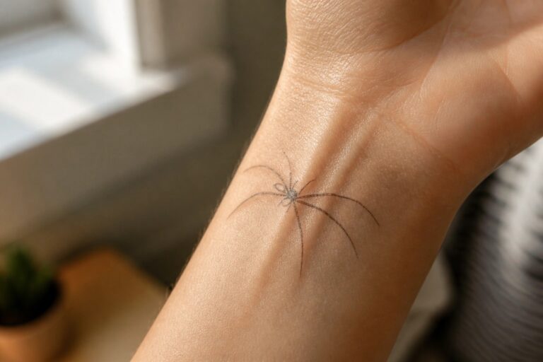 24 Elegant Fine Line Spider Tattoo Ideas for Women Who Want Delicate Detail Small fine line spider tattoo placed on the inner wrist of a person's hand.