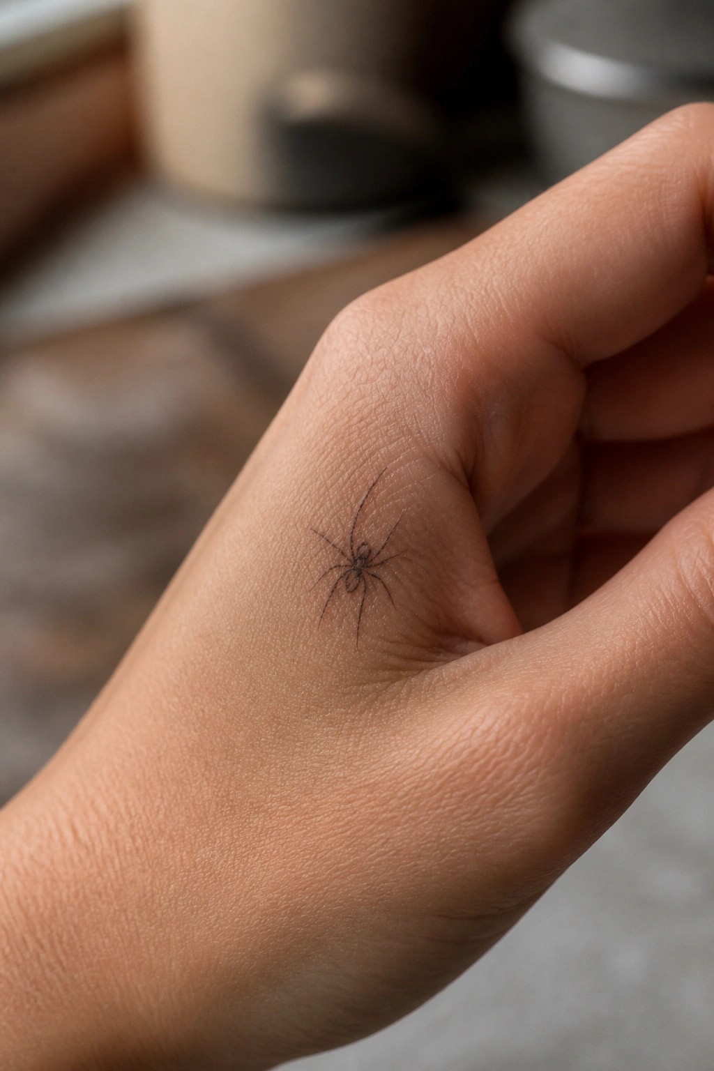 small fine line spider tattoo on the back of a hand