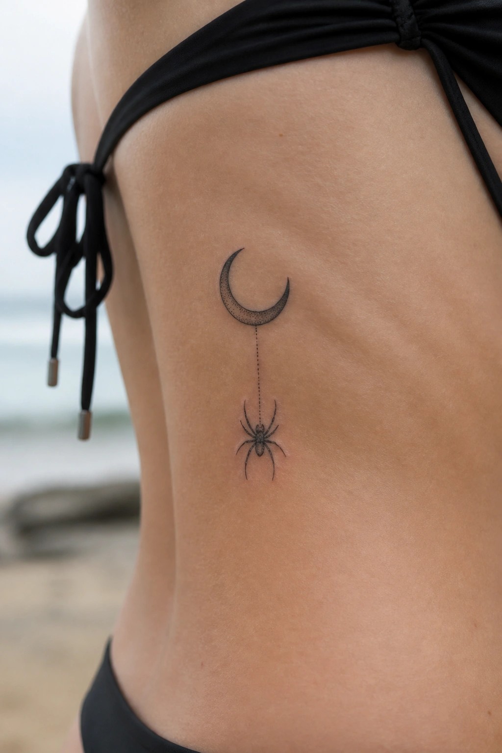 Black bikini top with crescent moon and dangling spider tattoo on beach side