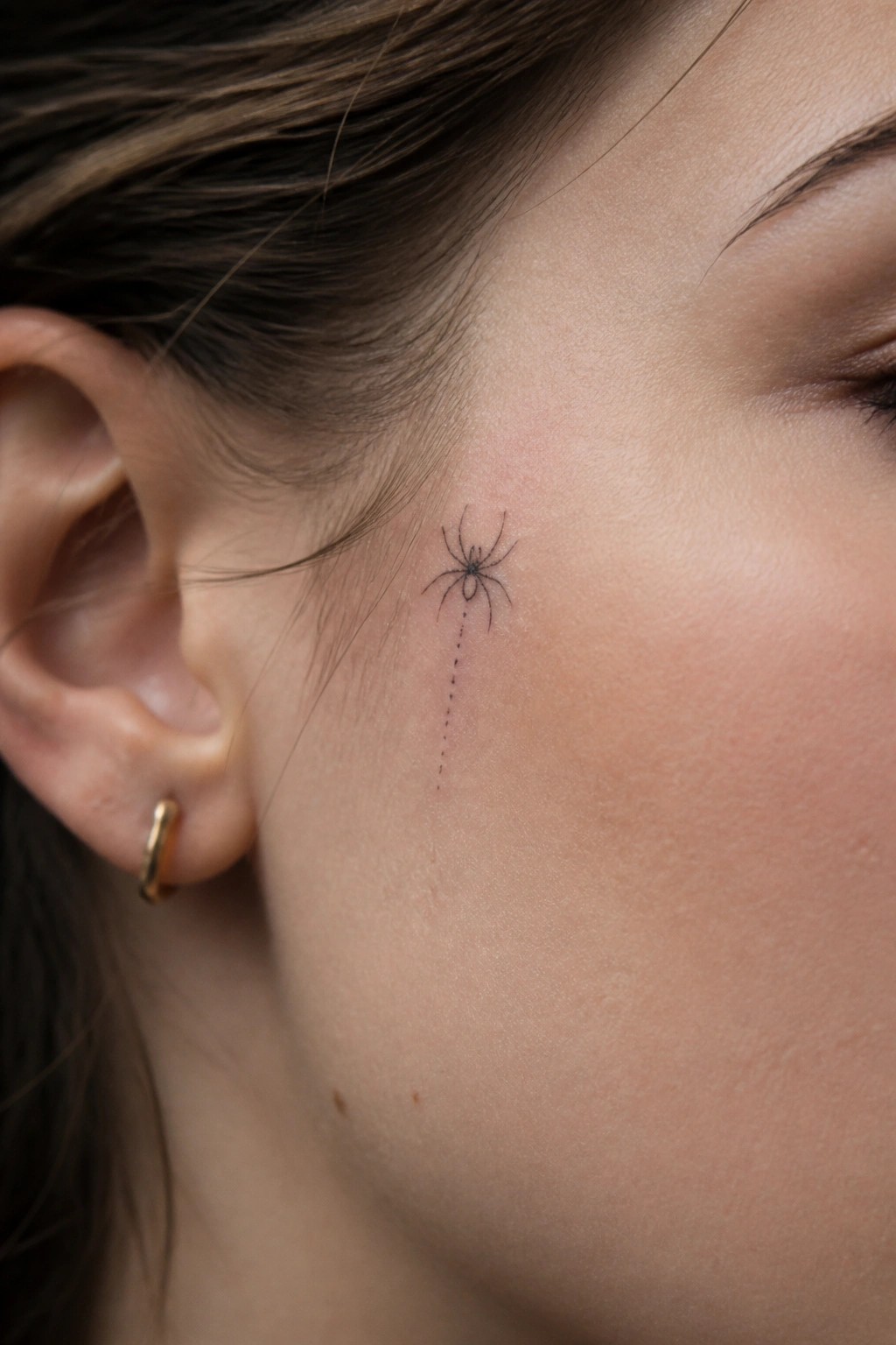 Tiny spider tattoo with dotted line on cheek near gold earring
