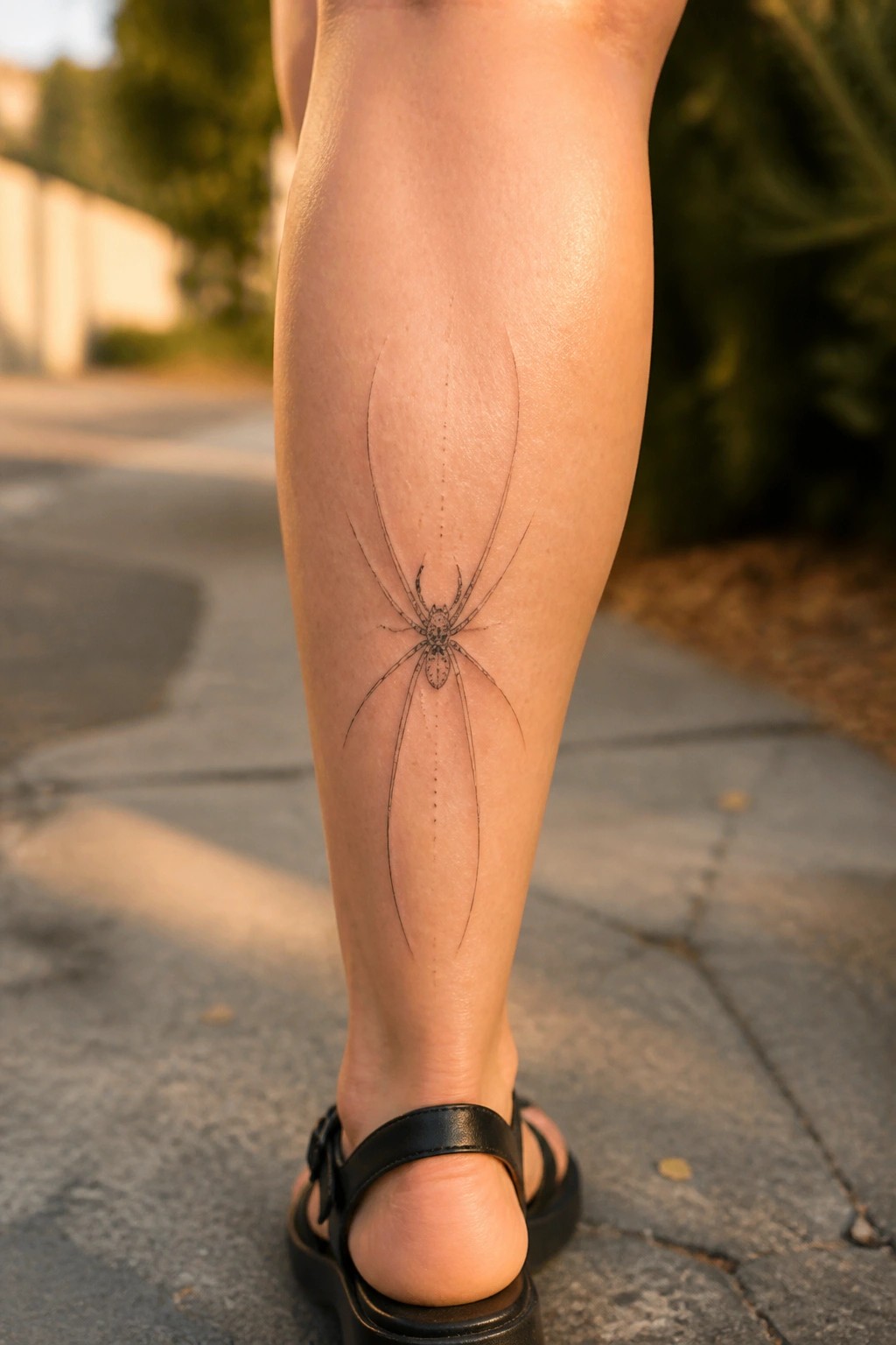 Black spider tattoo on shin above foot in black sandal on pavement