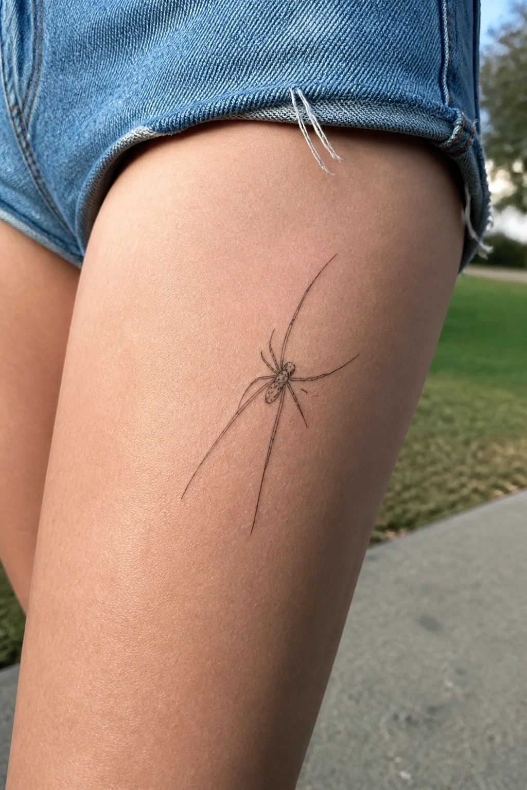 Fine line spider tattoo on the upper thigh of a person wearing denim shorts.