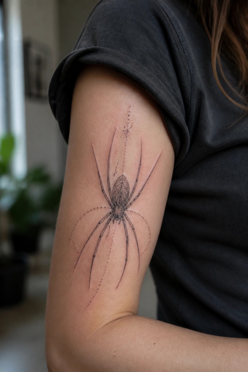 Fine line spider tattoo on a woman's upper arm showing a detailed body and long thin legs in black ink.