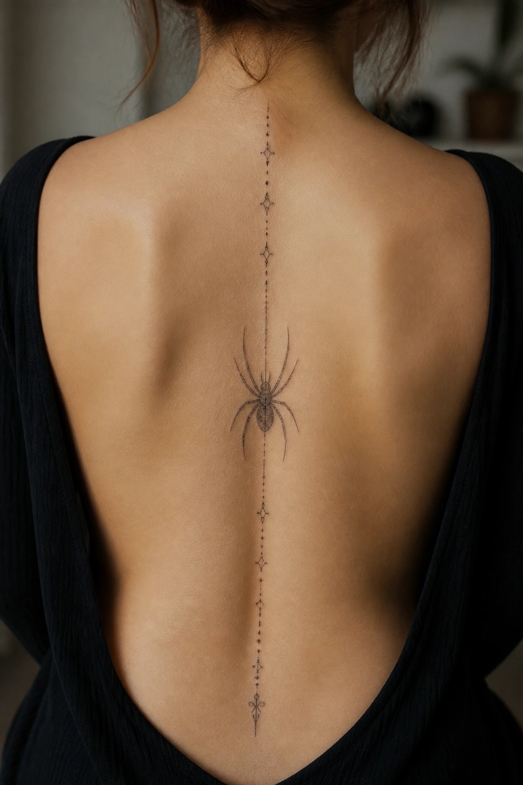 Woman's back in black top with spider and dotted spine tattoo.