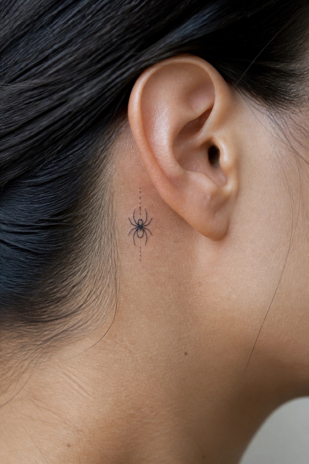 Small fine line spider tattoo with dotted line accents placed behind the ear on light skin.