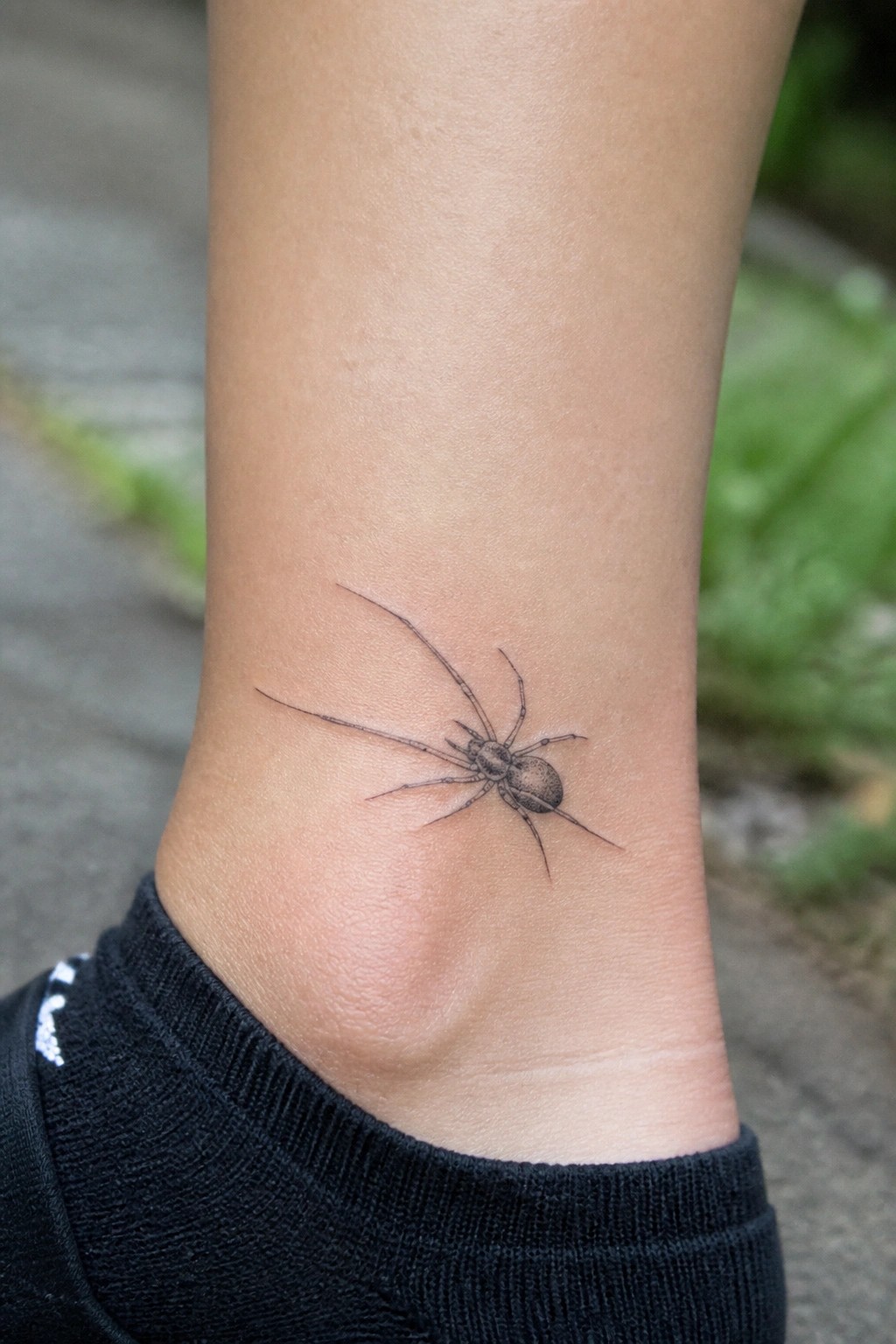 Black spider tattoo on ankle above black sock on light skin.