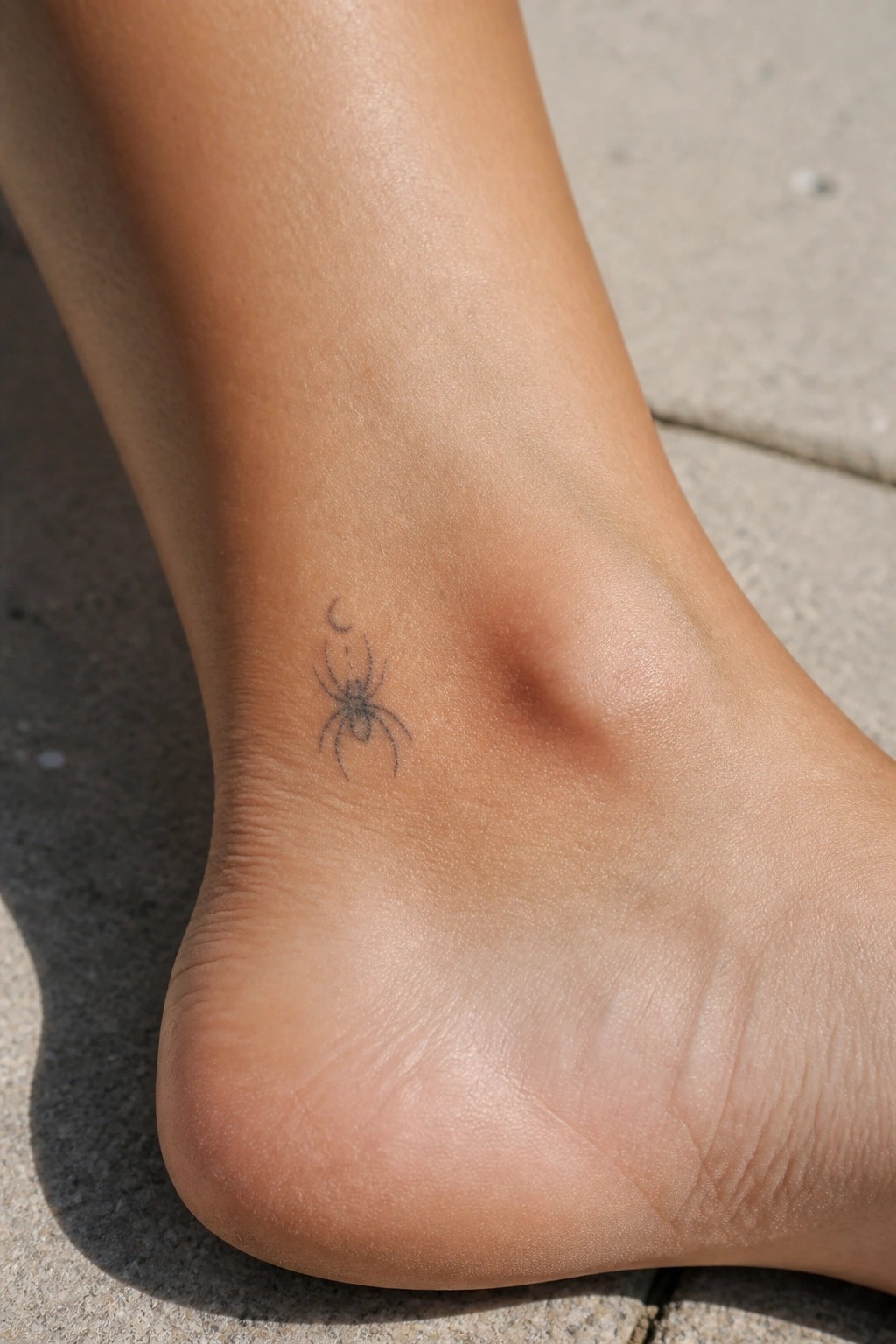 Tanned ankle with small black spider tattoo and crescent moon above on pavement.