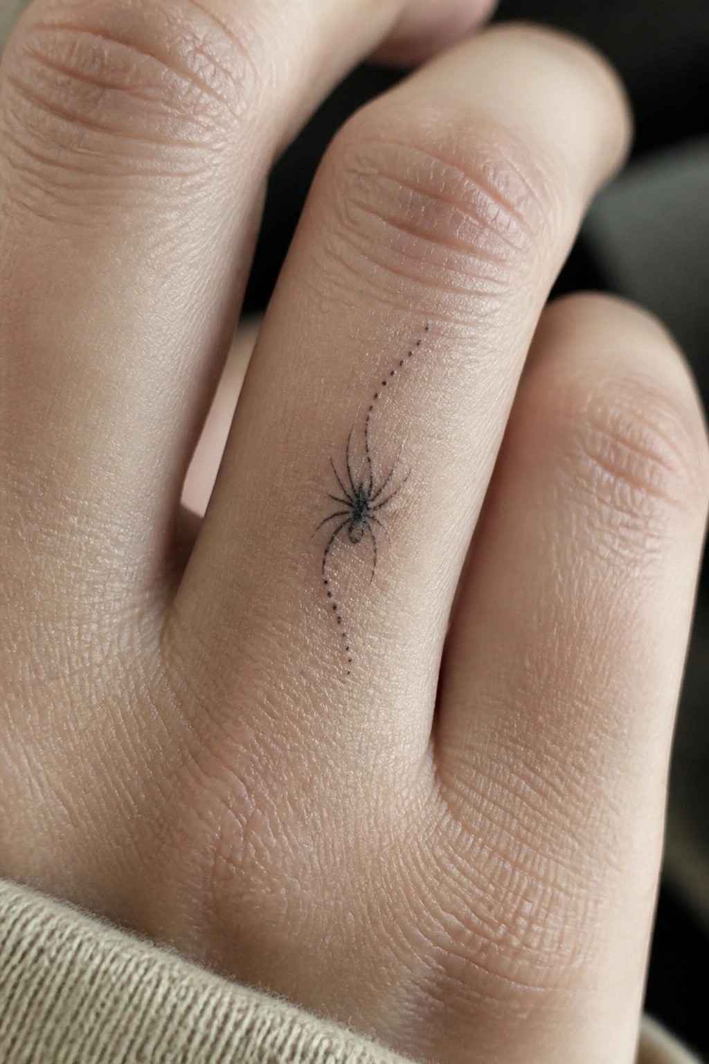Fine line spider tattoo with dotted trail placed on the side of a finger