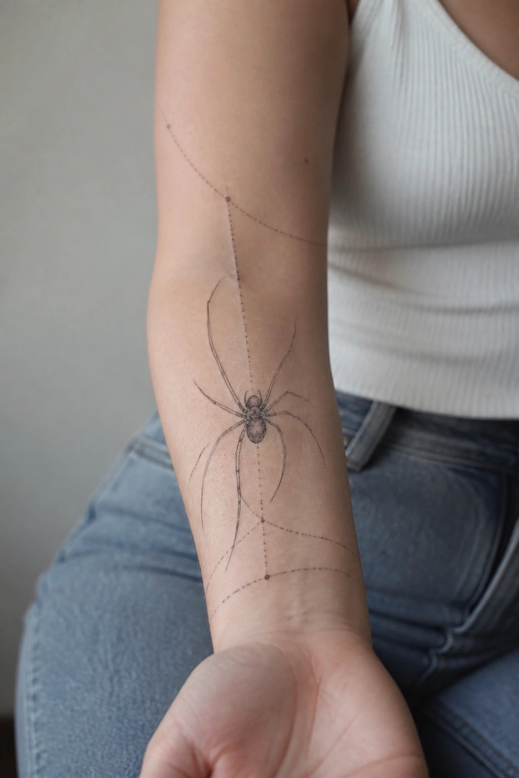 Spider tattoo with dotted lines on forearm, white tank top and blue jeans.