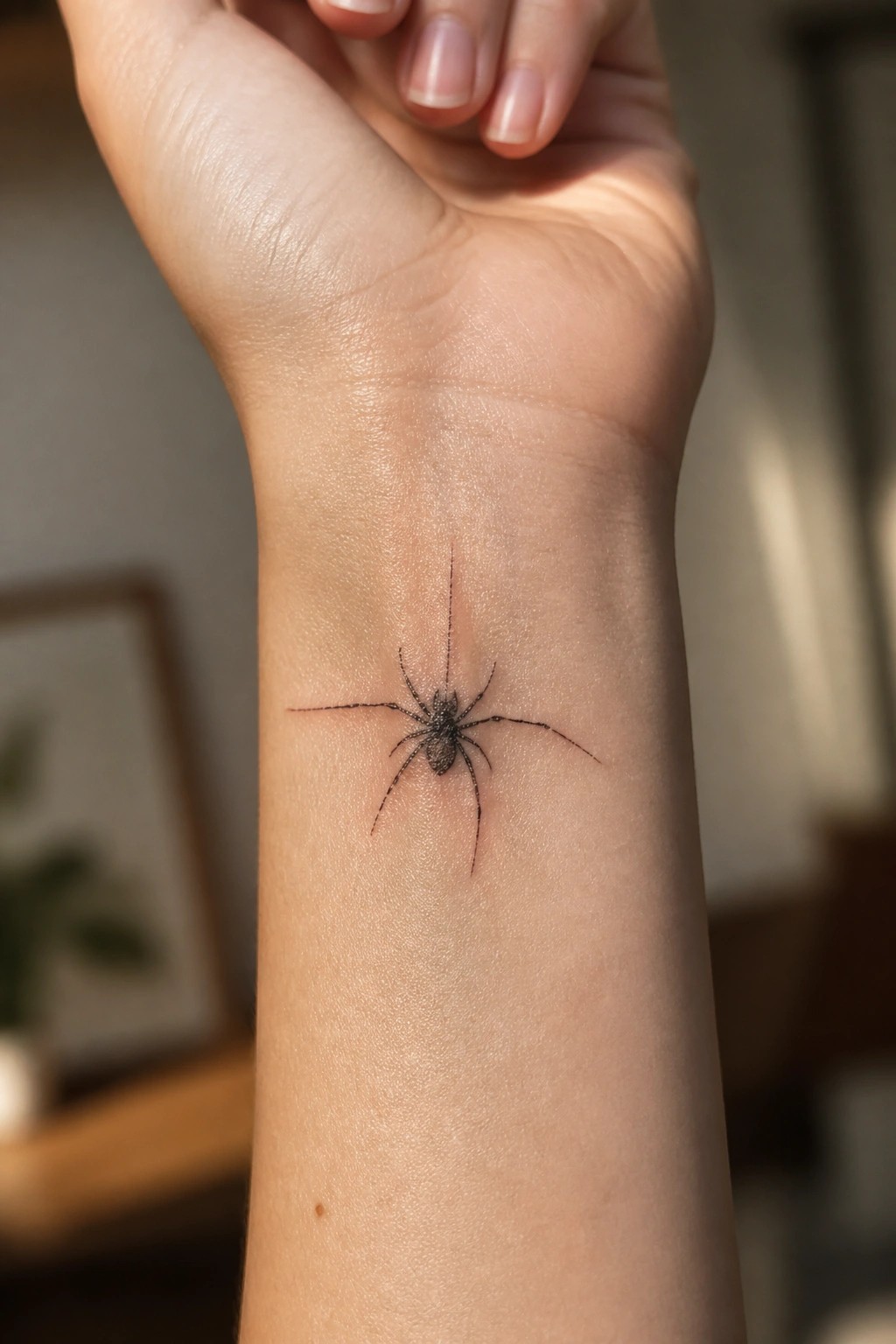 Small fine line spider tattoo placed on the inner wrist of a person's hand.