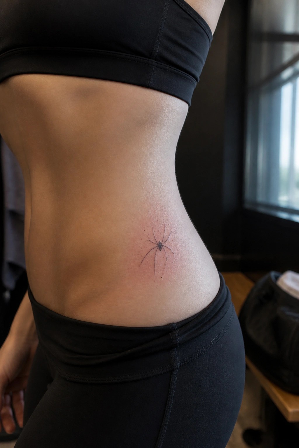 Small fine line spider tattoo placed on the side of the torso above the waistband in a minimalist style.