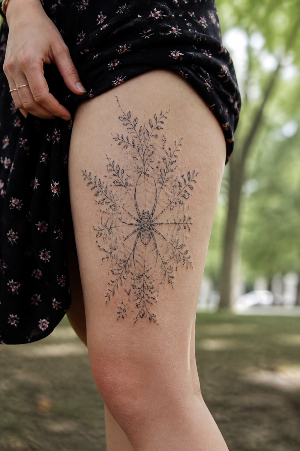 Fine line spider tattoo centered on the thigh with symmetrical botanical branches radiating outward.