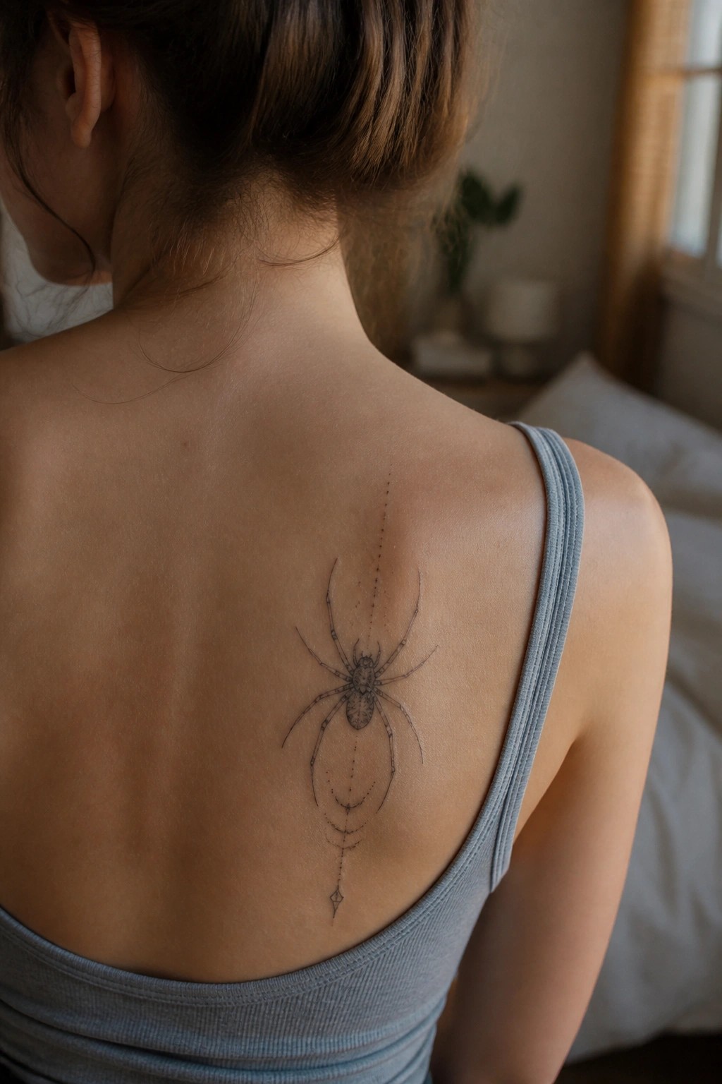 Woman's upper back with spider tattoo, gray tank top, hair in bun
