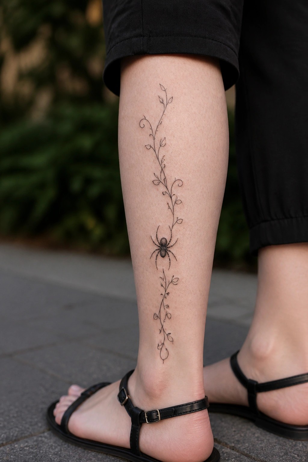 Spider tattoo with vine on calf above black pants and sandals