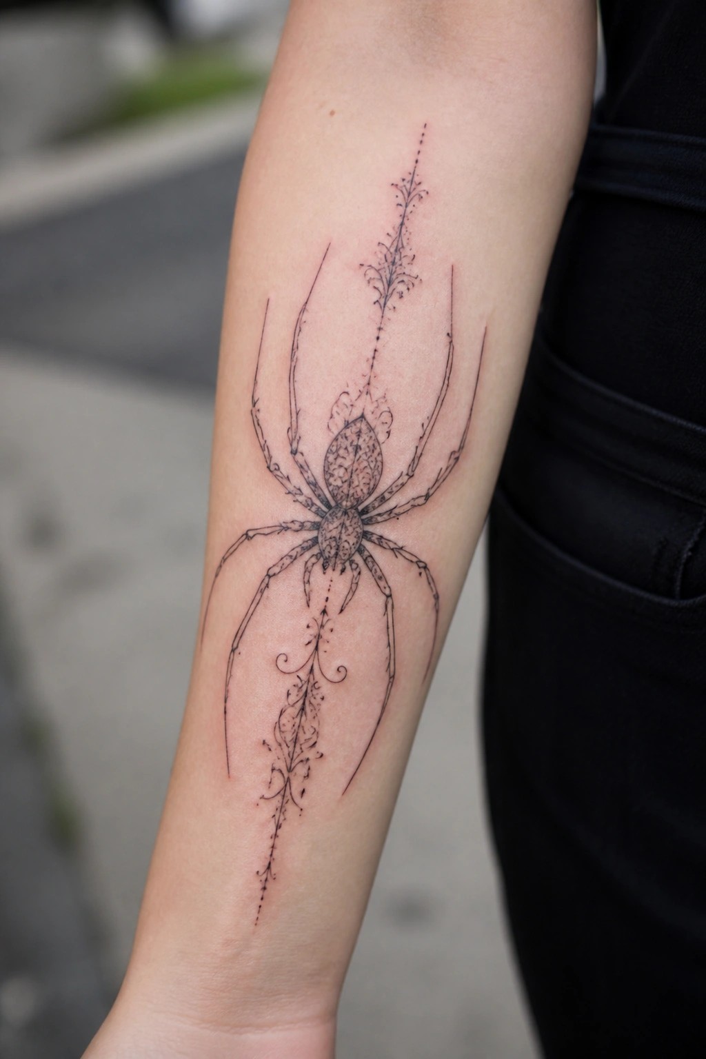 Detailed black spider tattoo with ornate floral patterns on forearm beside black pants
