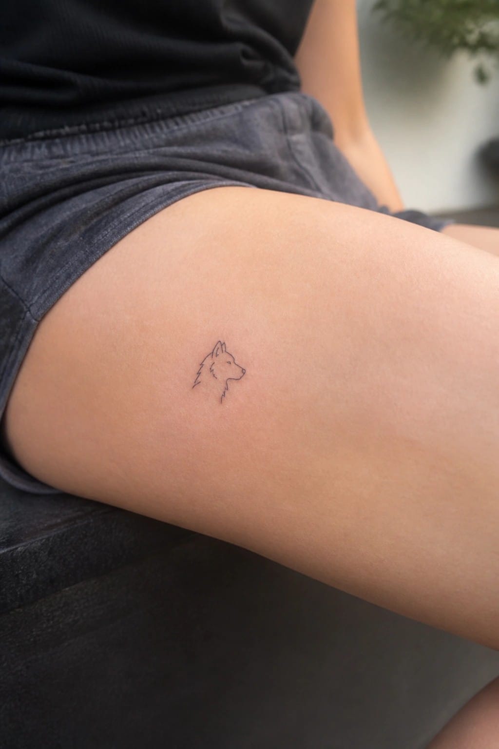 Small minimalist wolf head tattoo in fine black lines on the thigh
