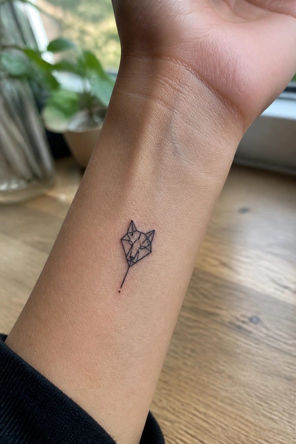 Small geometric wolf head tattoo on the inner wrist in clean black lines