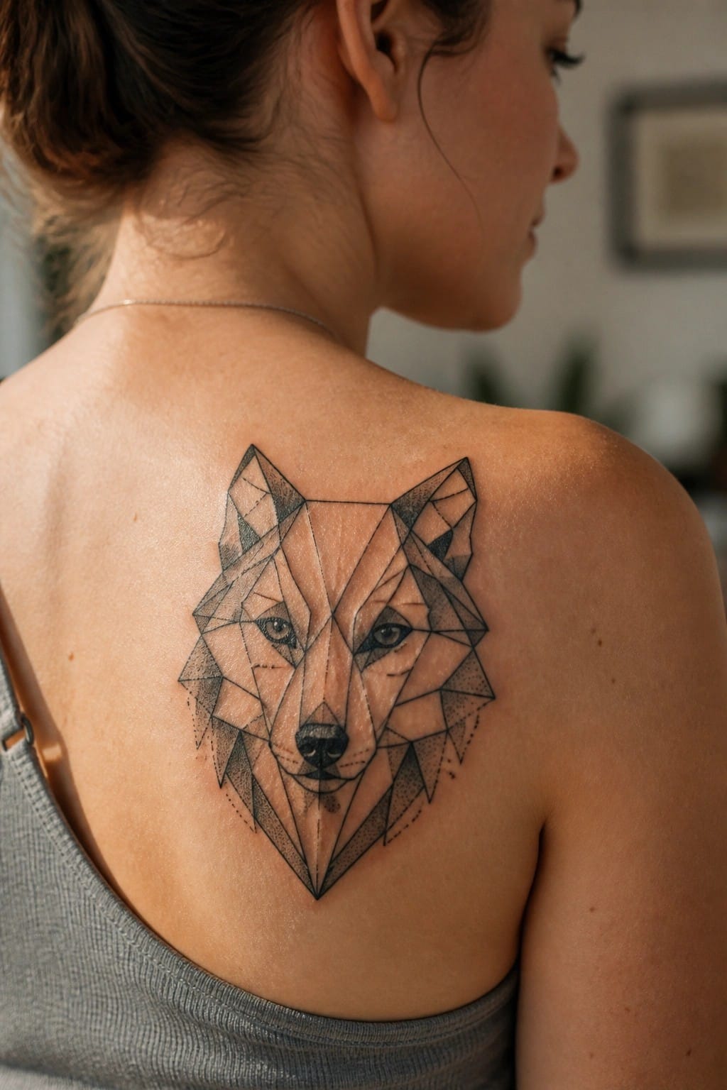 Geometric wolf head tattoo on a woman's upper back, rendered in minimalist black line work with polygonal shapes.