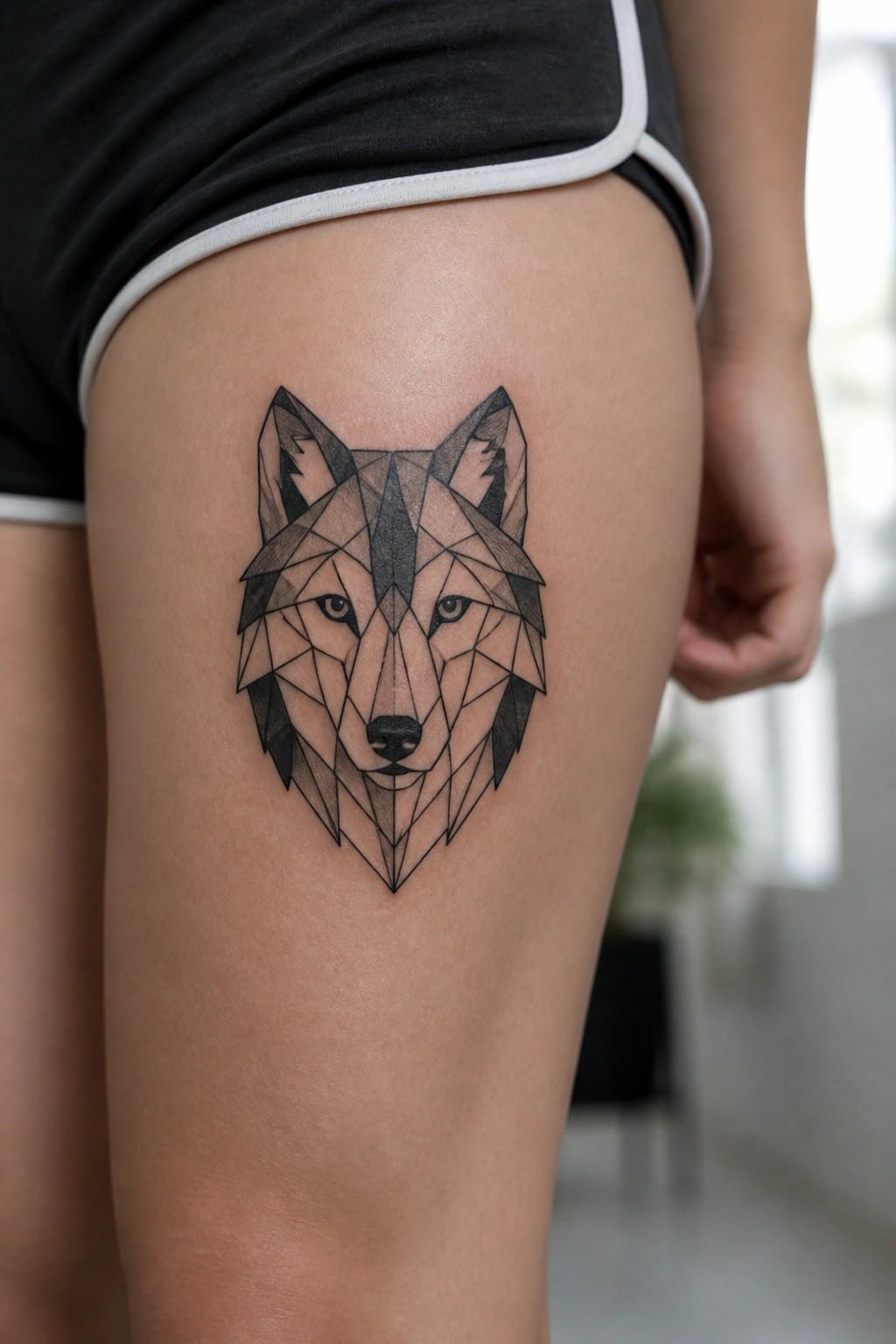 Geometric wolf tattoo on thigh beside black shorts with white trim.