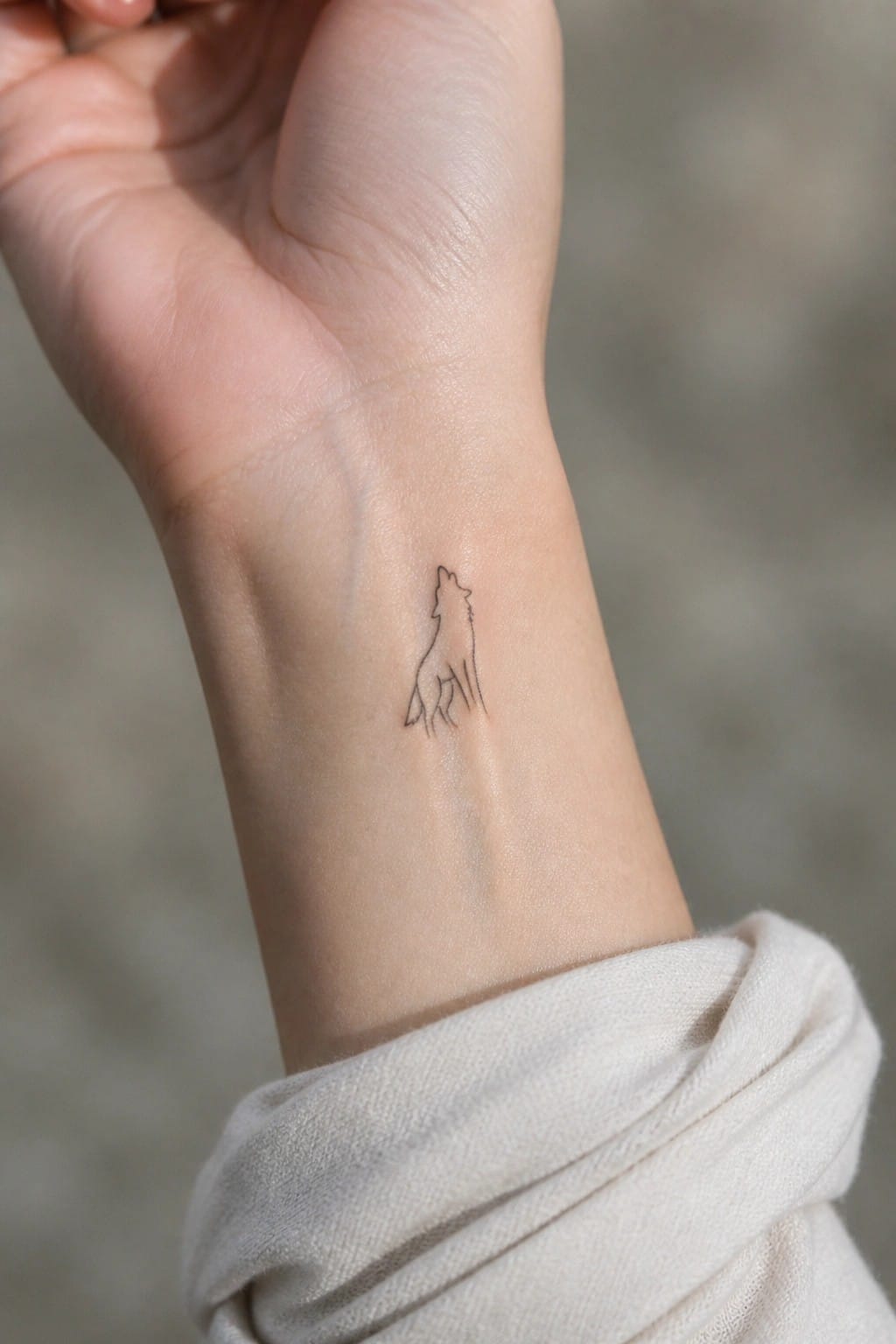 Minimalist black wolf tattoo on wrist above white sweater sleeve