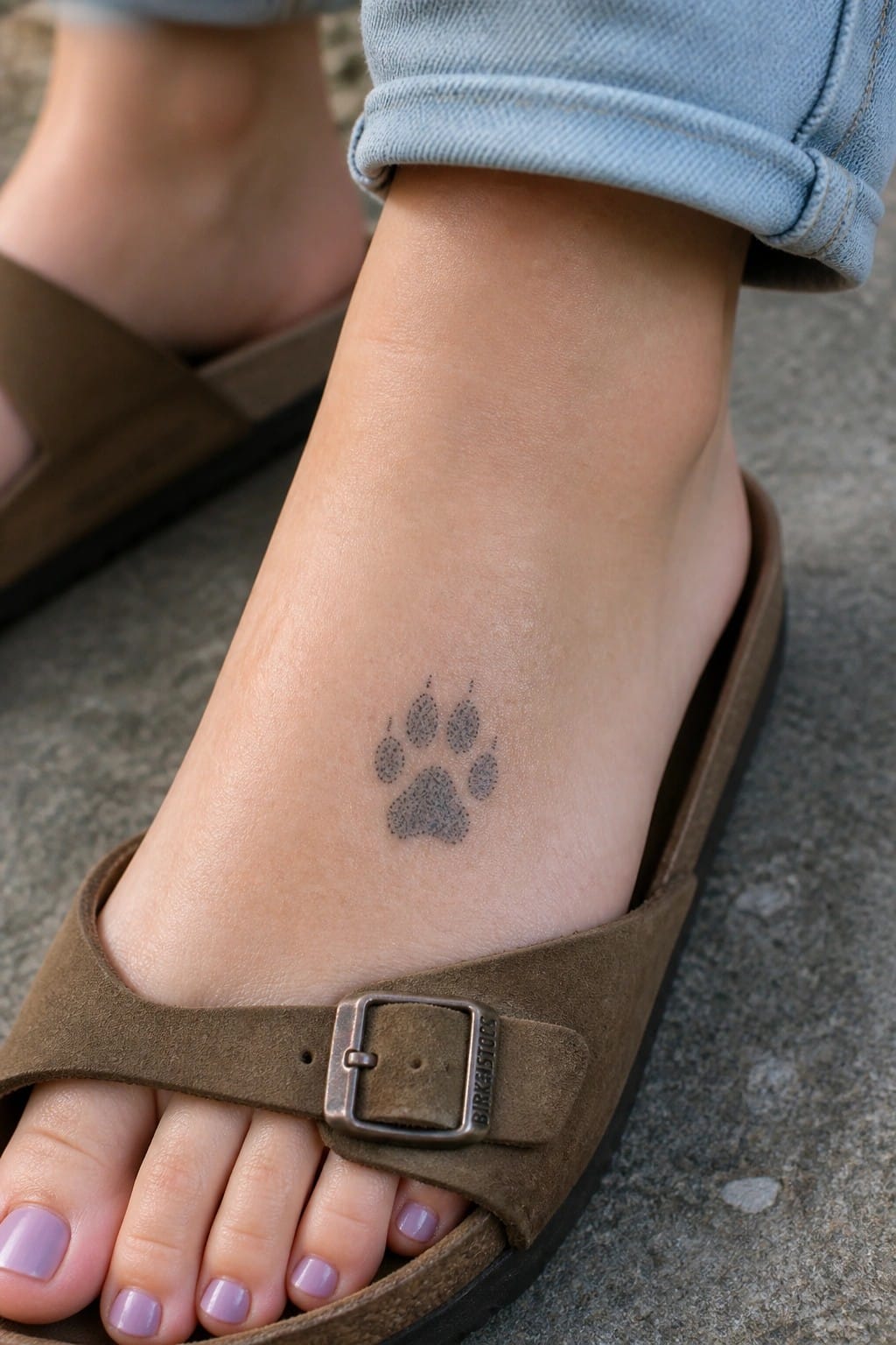 Small black paw print tattoo on the outer ankle of a woman wearing a brown sandal and light blue jeans.