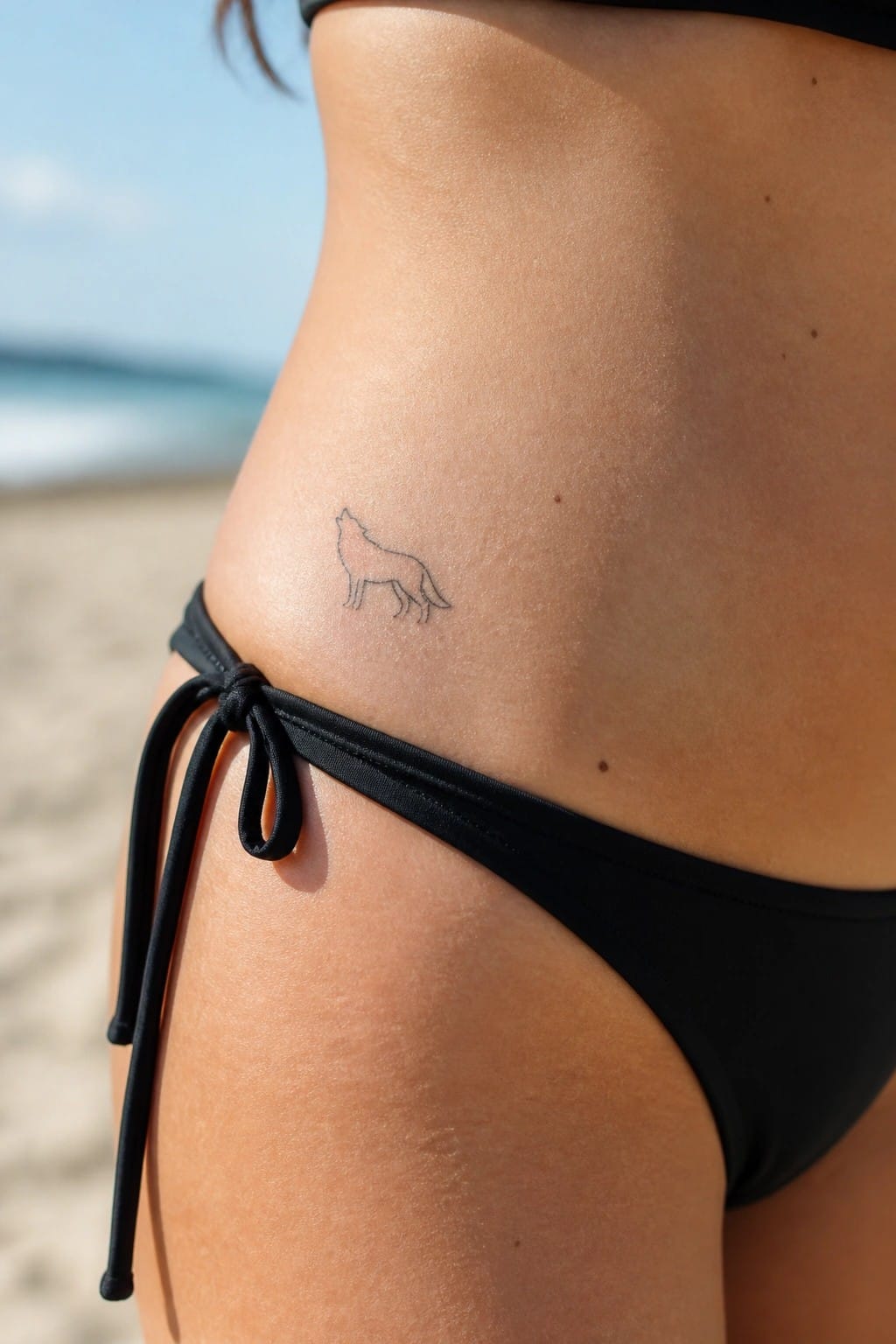 Minimalist black line wolf tattoo on the hip above black bikini bottoms on a beach.