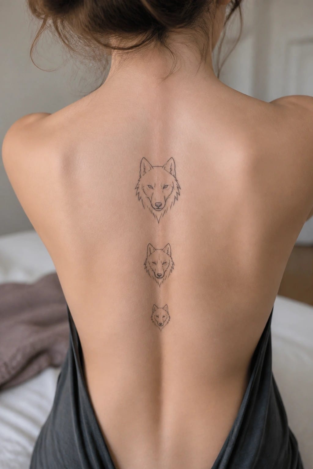 Woman's bare back with three wolf head tattoos aligned down spine
