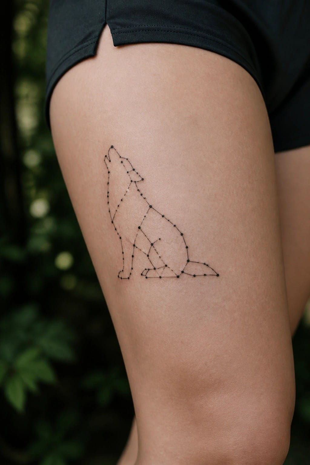 Black dotted-line howling wolf tattoo on thigh beneath black shorts
