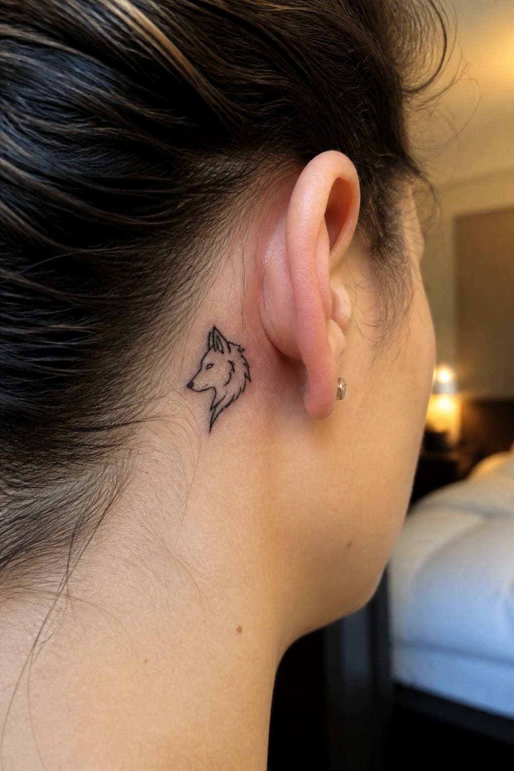 Small black wolf tattoo behind ear with stud earring and dark hair.