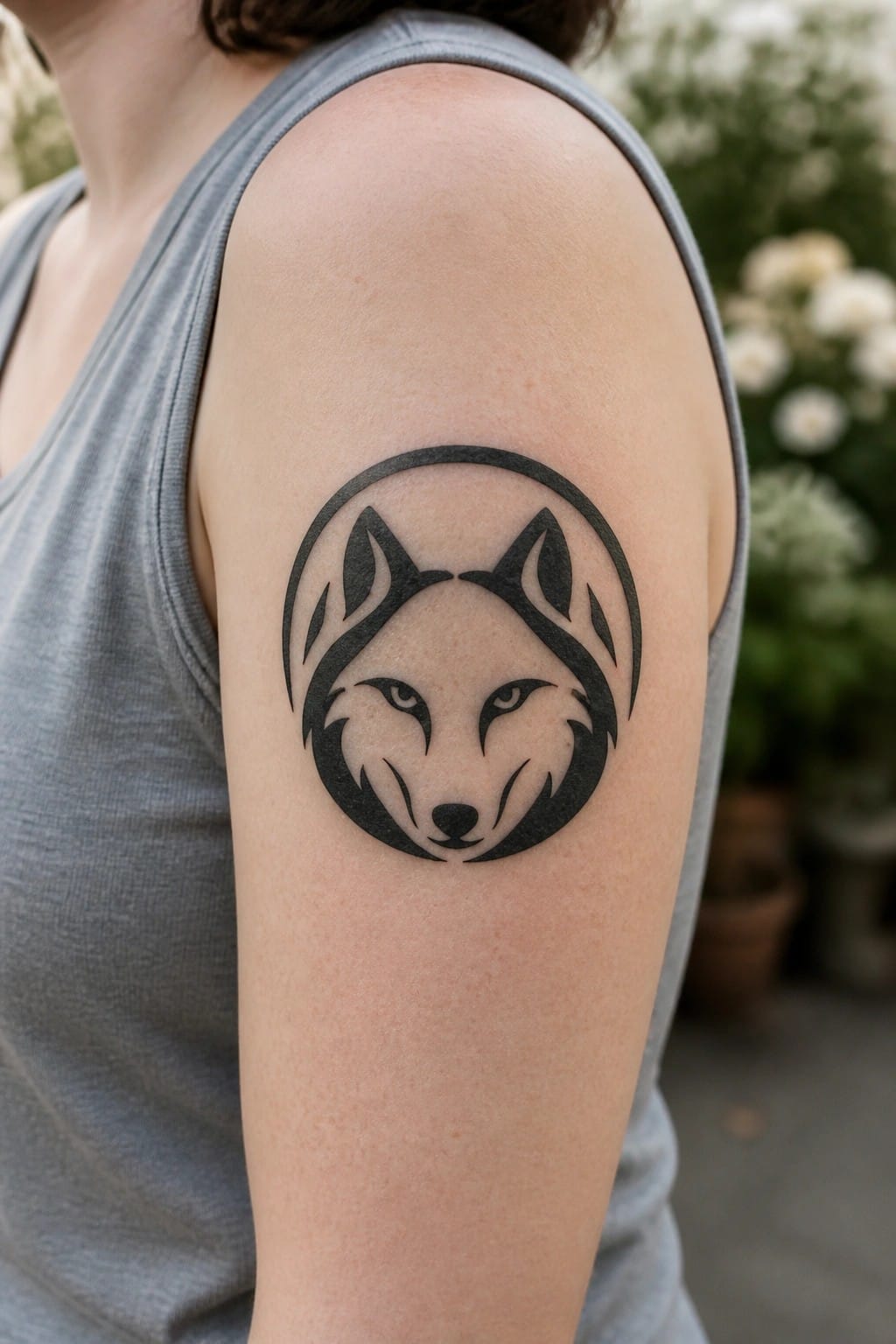 Minimalist black ink wolf head tattoo inside a thin circle on a woman's upper arm