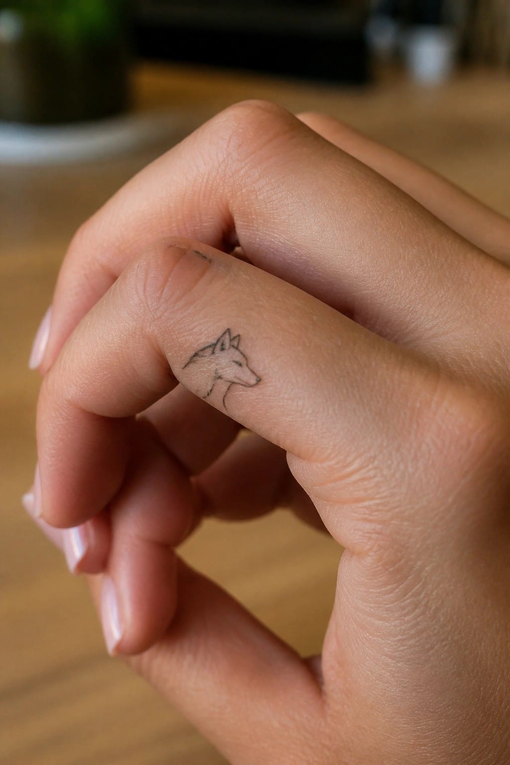 Minimalist black line drawing of a wolf head tattooed on the side of a finger in simple outline style.
