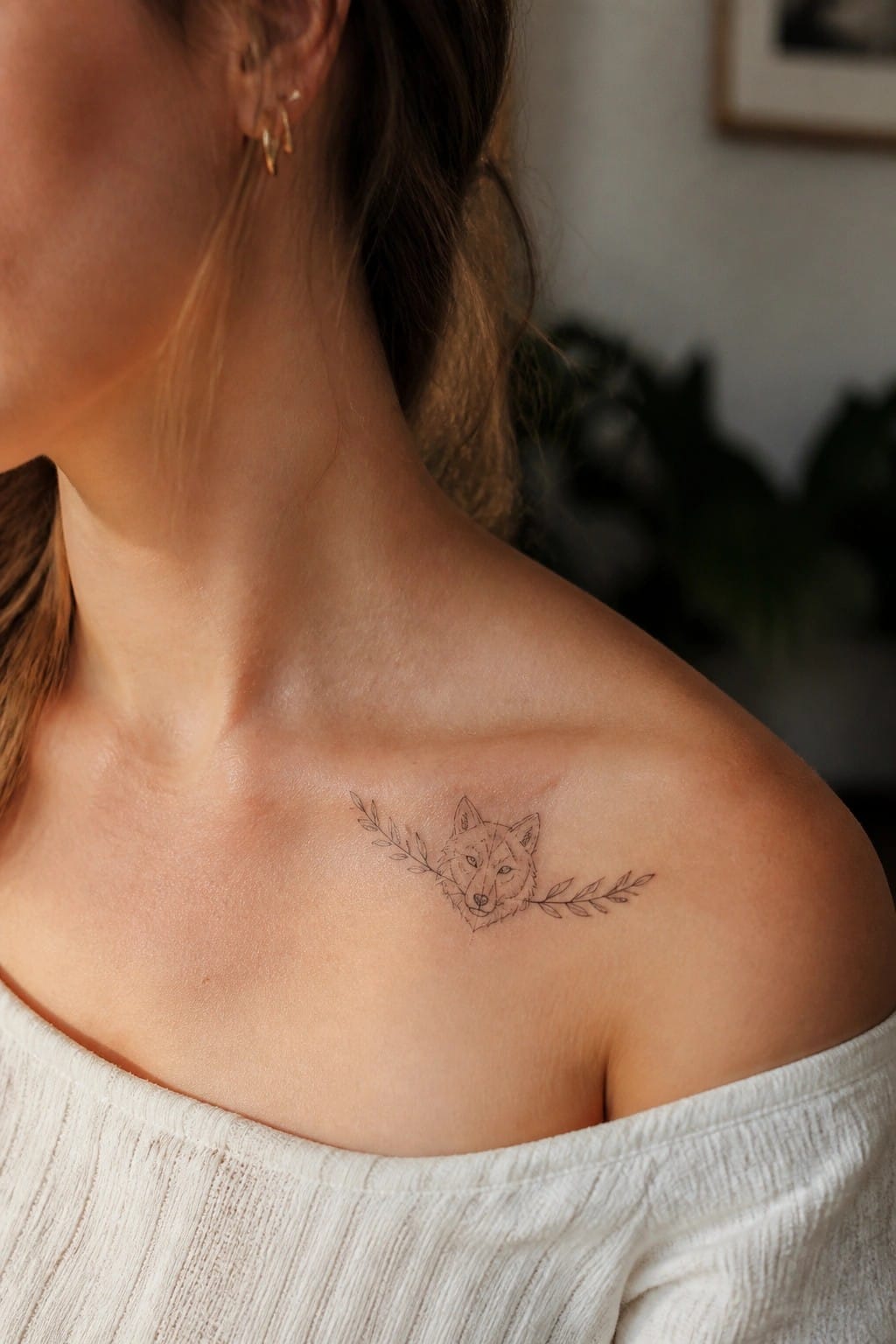 Minimalist black ink wolf head tattoo with branches on a woman's shoulder.