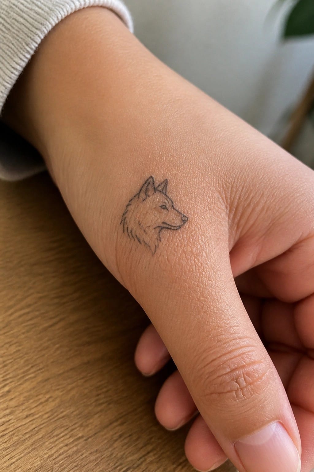 Small wolf head tattoo on wrist below beige sweater sleeve on wood.