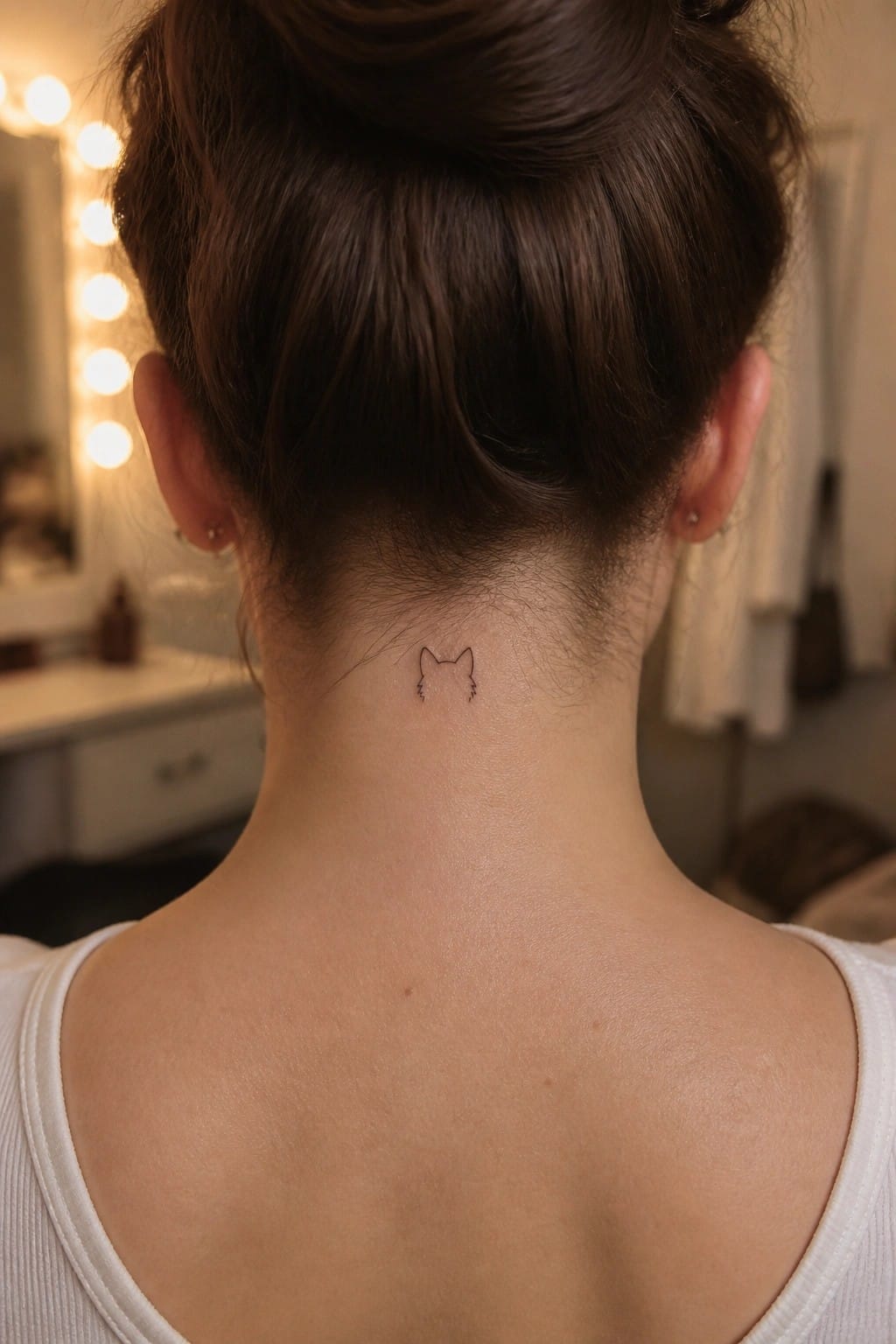 Back of neck with cat tattoo below brown bun, wearing white top