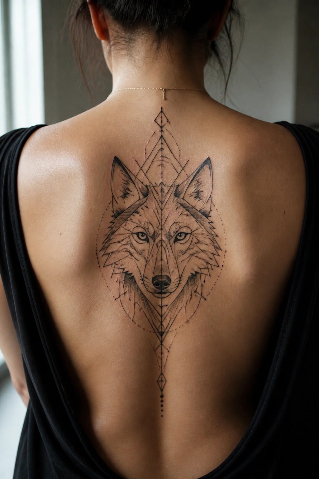 Minimalist wolf head tattoo in black ink centered on a woman's upper back with simple geometric lines and shapes.