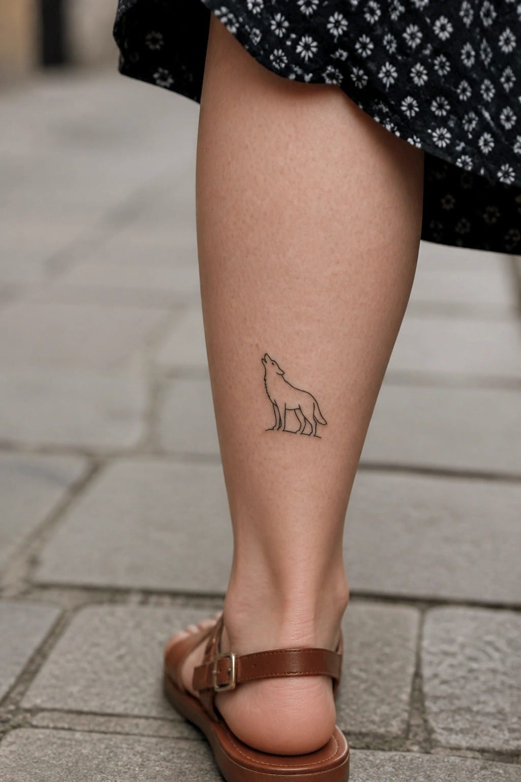 Wolf tattoo on shin below black floral dress and brown sandal on pavement