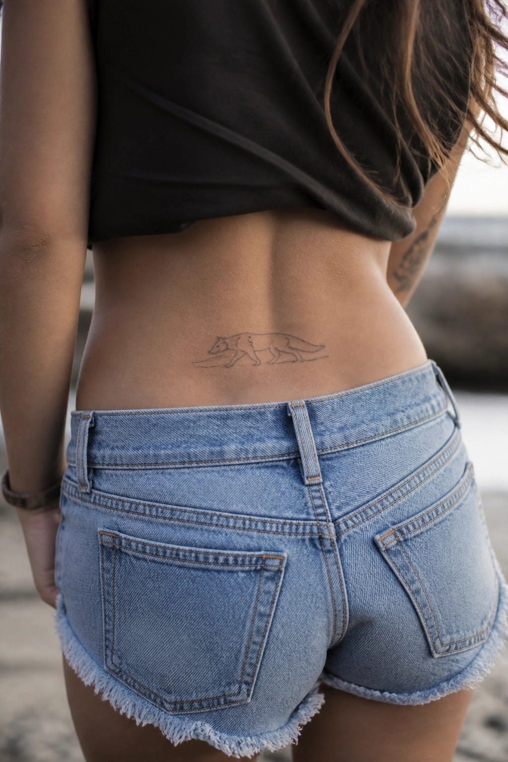 Minimalist line art wolf tattoo on the lower back of a woman in denim shorts