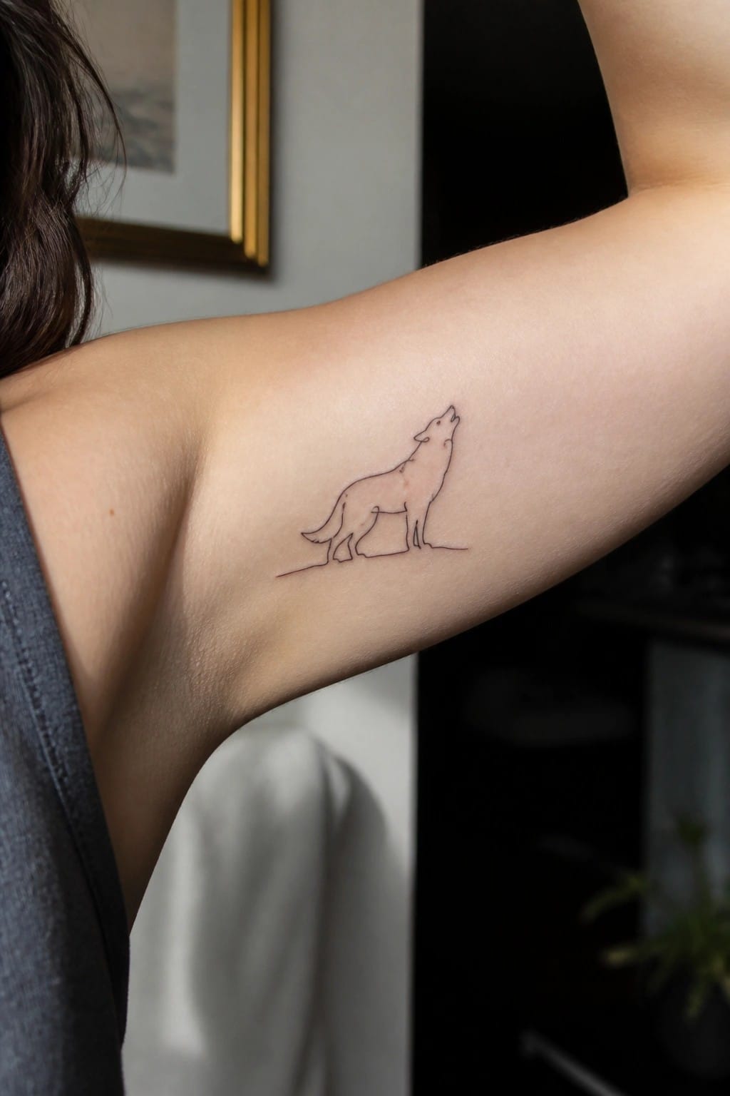 Minimalist black line tattoo of a howling wolf on a woman's upper arm