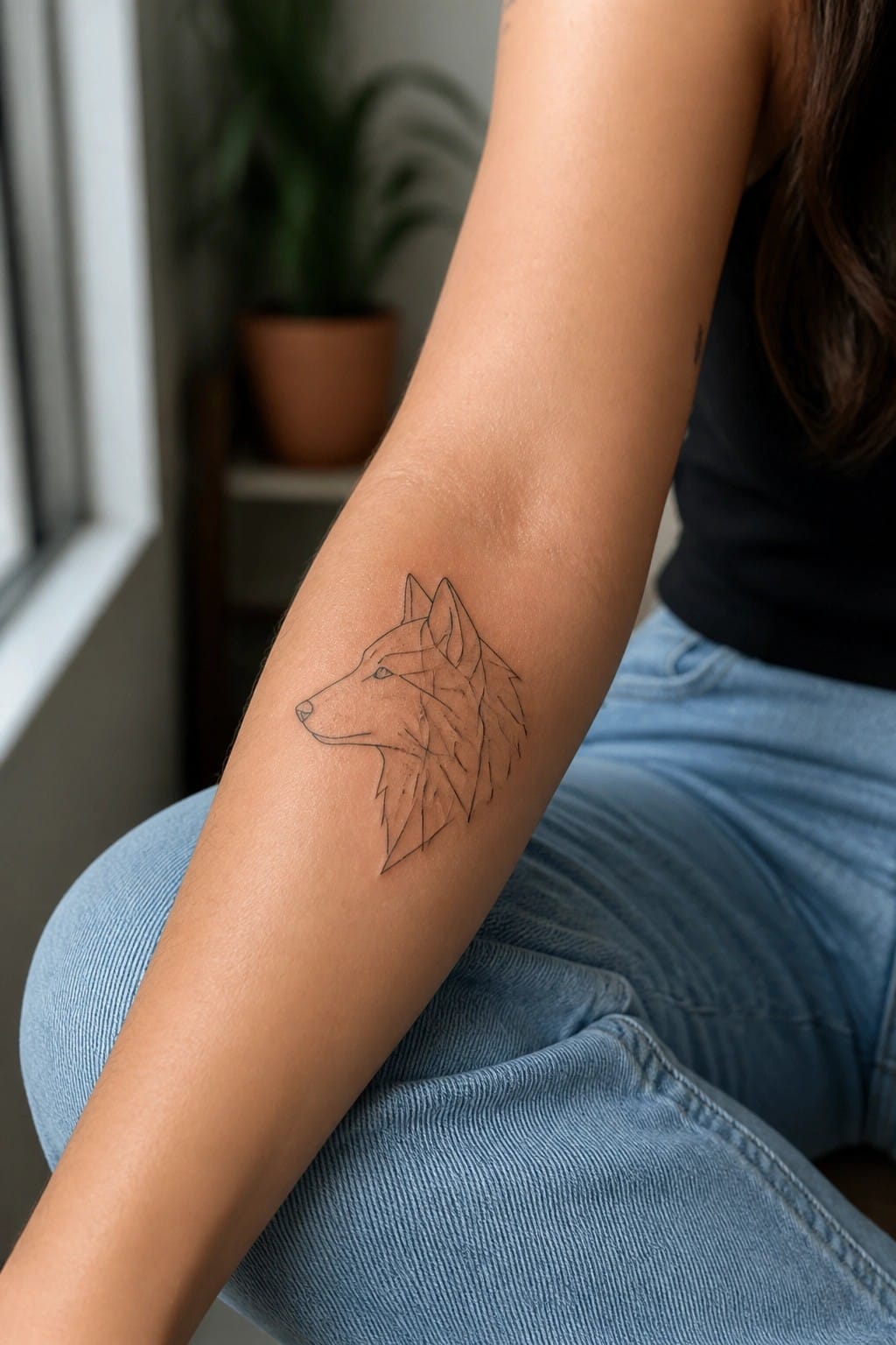 Minimalist black line tattoo of a wolf head in profile on the inner forearm, shown on a person wearing jeans and a black top.